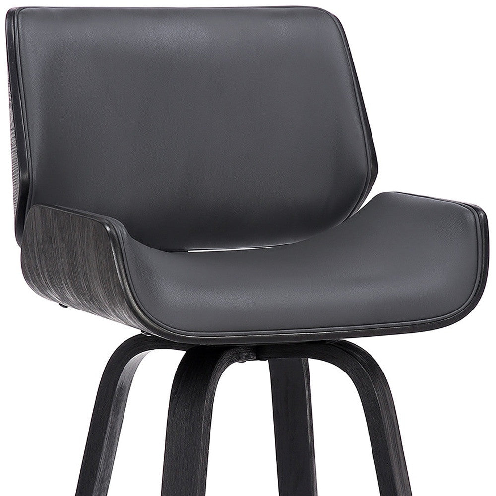 26" Gray And Black Faux Leather And Fabric And Iron Counter Height Swivel Bar Chair
