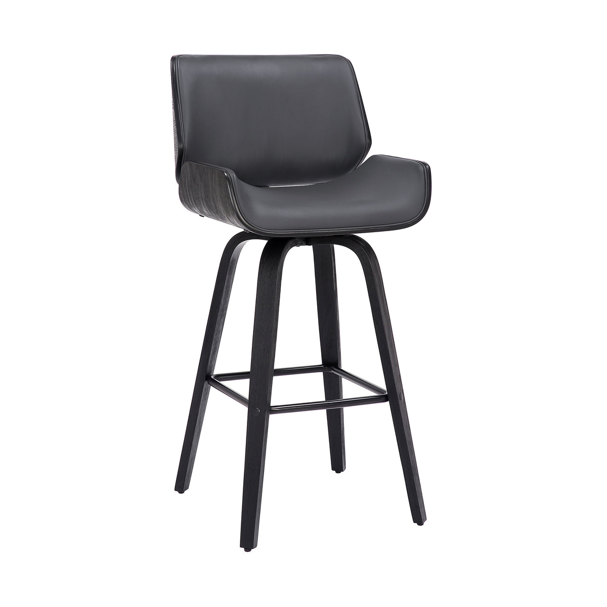 26" Gray And Black Faux Leather And Fabric And Iron Counter Height Swivel Bar Chair