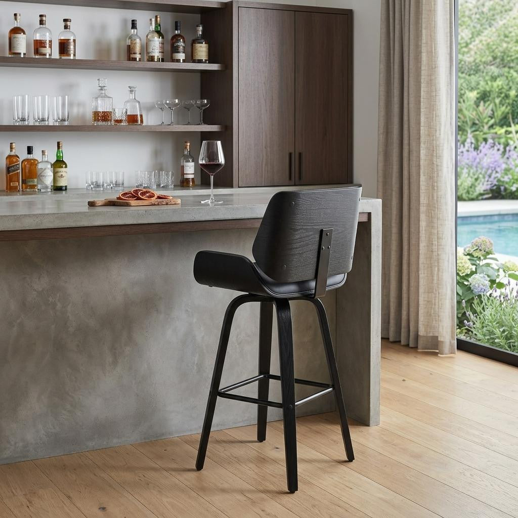 30" Gray And Black Fabric And Iron Bar Height Swivel Bar Chair