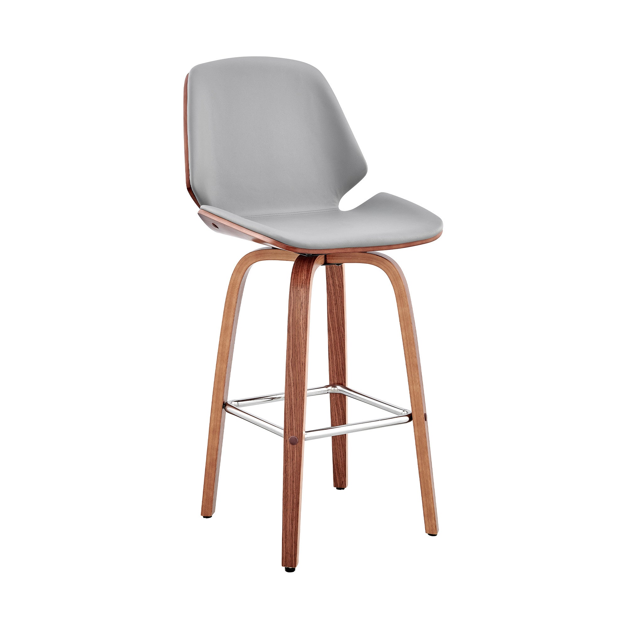 26" Gray And Brown Fabric And Wood Counter Height Swivel Bar Chair