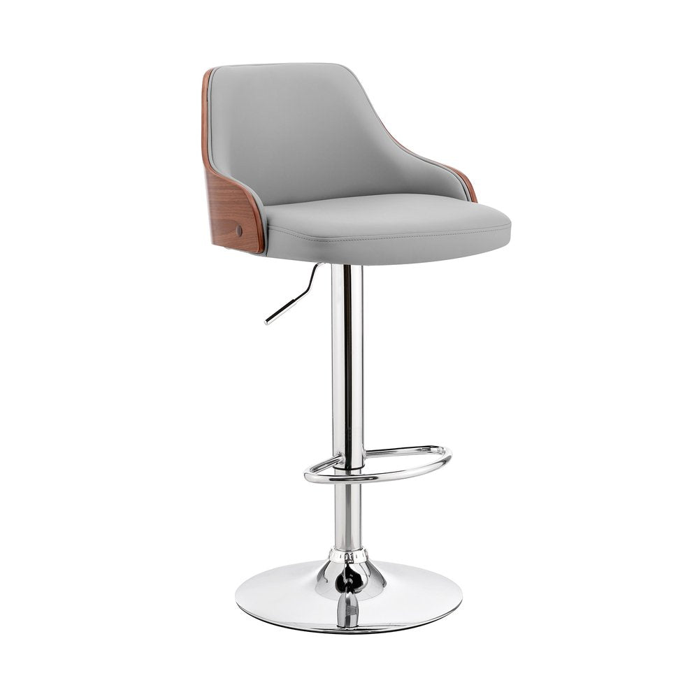 Gray And Silver Faux Leather And Iron Adjustable Height Swivel Bar Chair