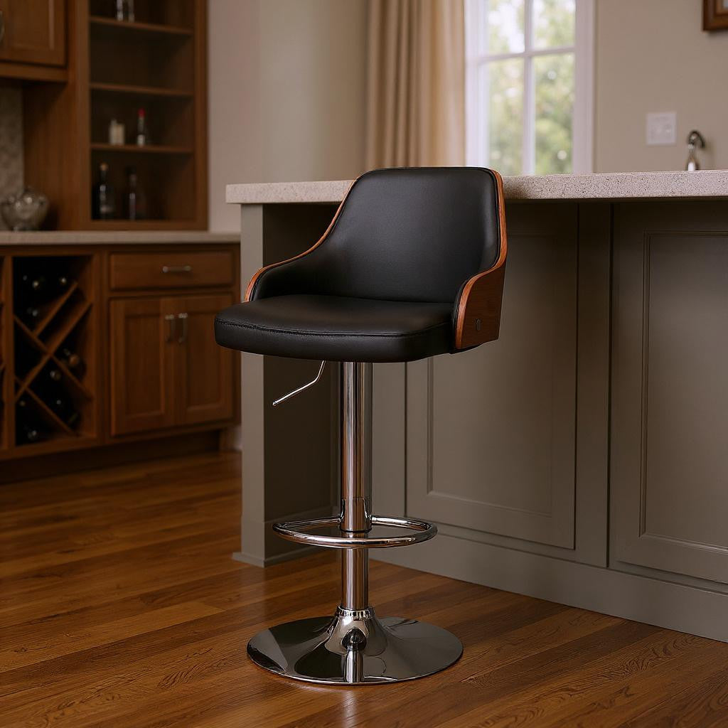 Black And Silver Fabric And Iron Adjustable Height Swivel Bar Chair