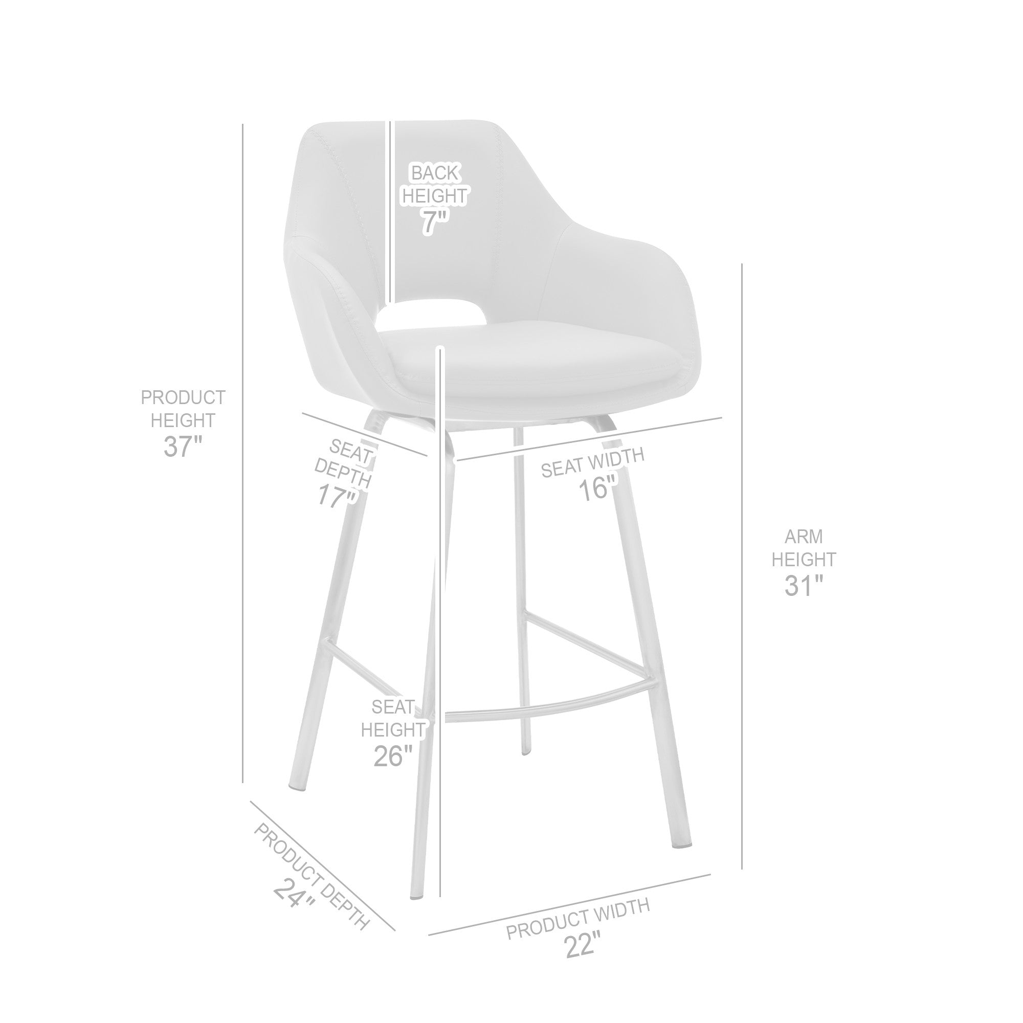 26" White And Silver Iron Swivel Low Back Counter Height Bar Chair