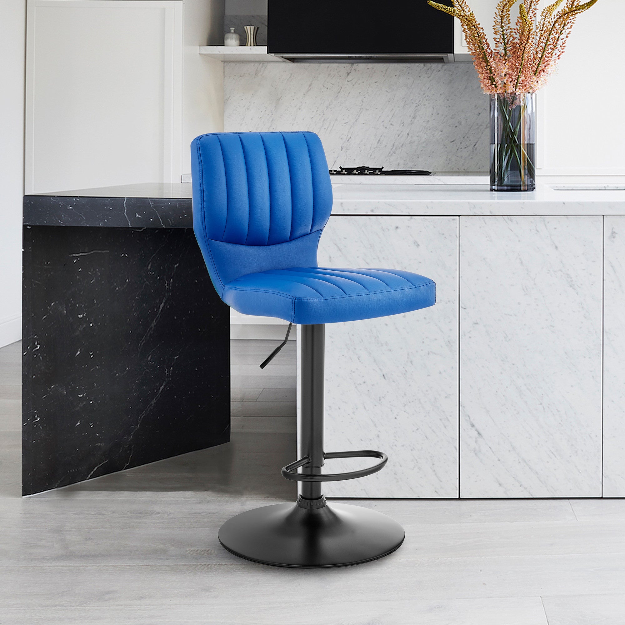25" Blue And Black Iron Swivel Adjustable Height Bar Chair