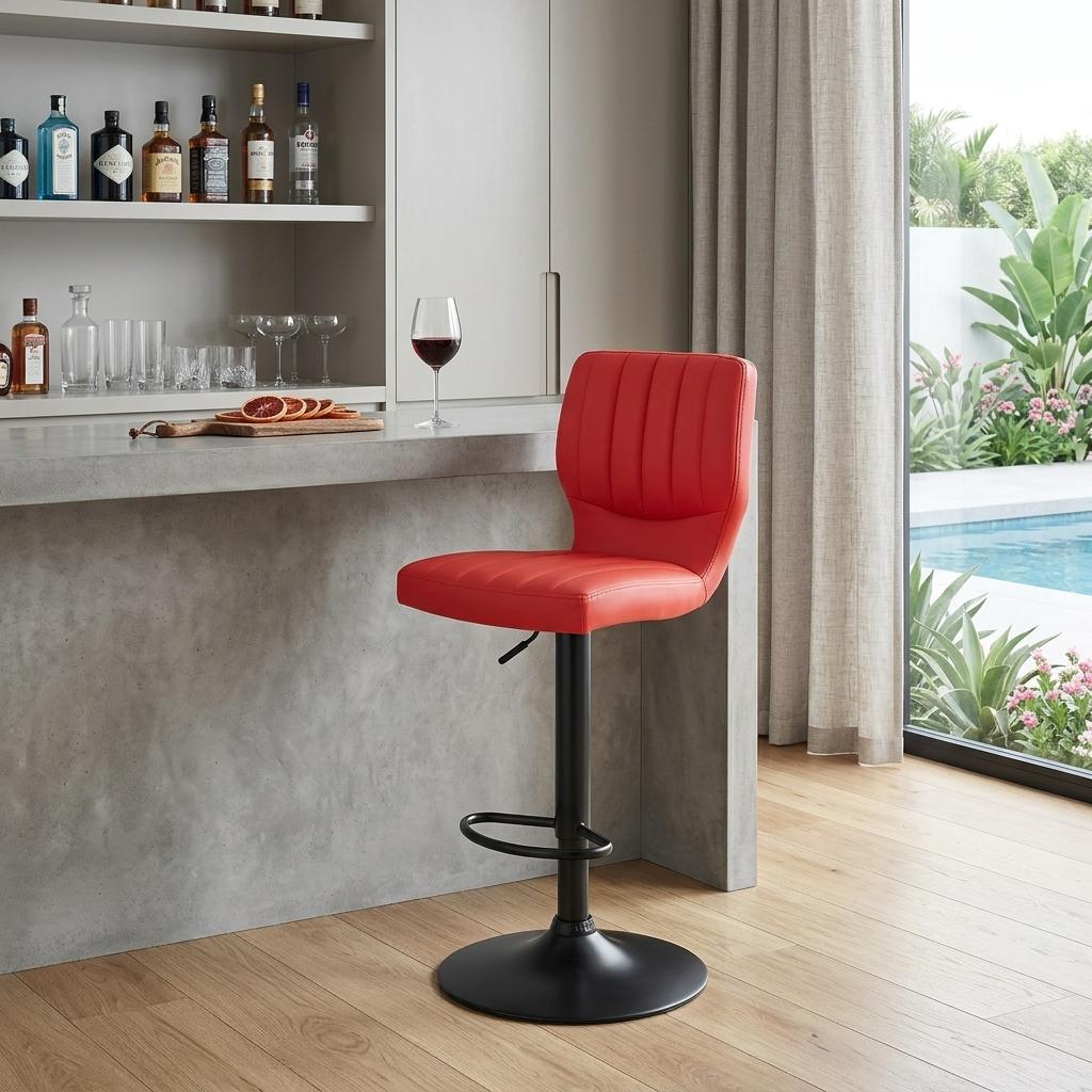Red And Black Fabric And Faux Leather And Iron Adjustable Height Swivel Bar Chair