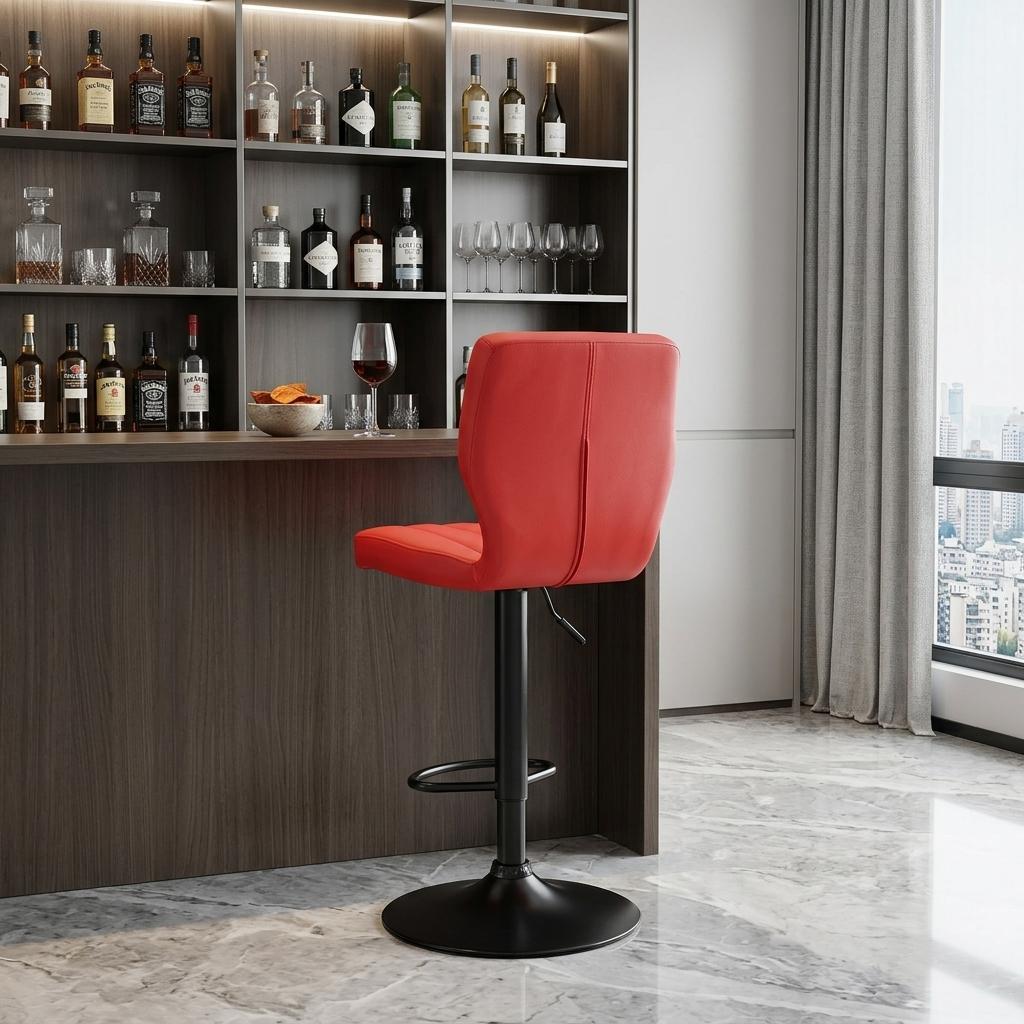 Red And Black Fabric And Faux Leather And Iron Adjustable Height Swivel Bar Chair