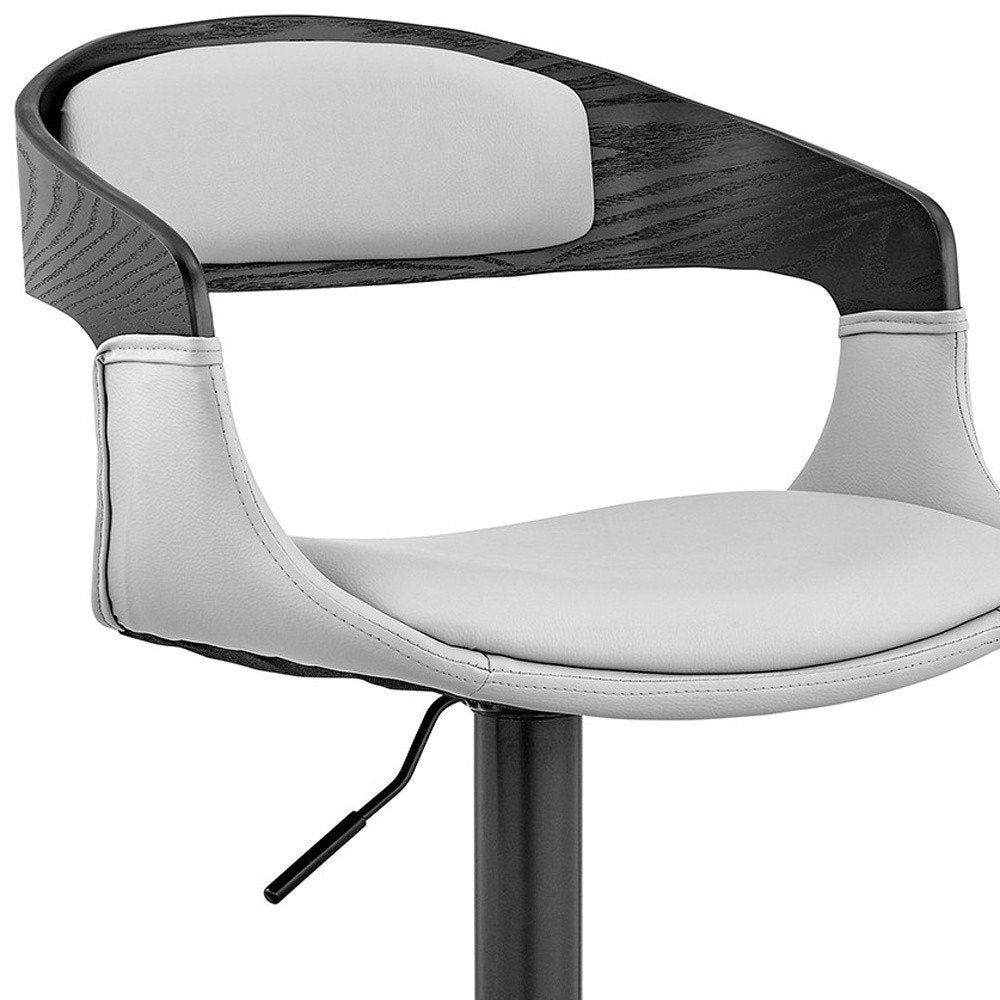 Gray And Black Fabric And Faux Leather And Iron Low Back Adjustable Height Swivel Bar Chair
