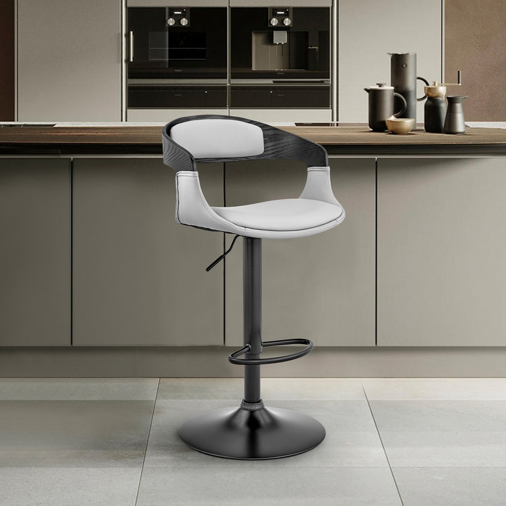 Gray And Black Fabric And Faux Leather And Iron Low Back Adjustable Height Swivel Bar Chair