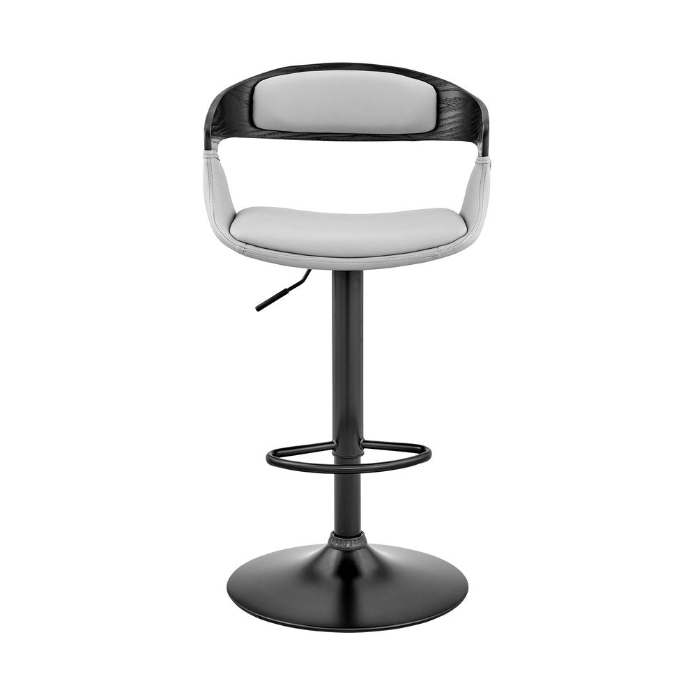 Gray And Black Fabric And Faux Leather And Iron Low Back Adjustable Height Swivel Bar Chair