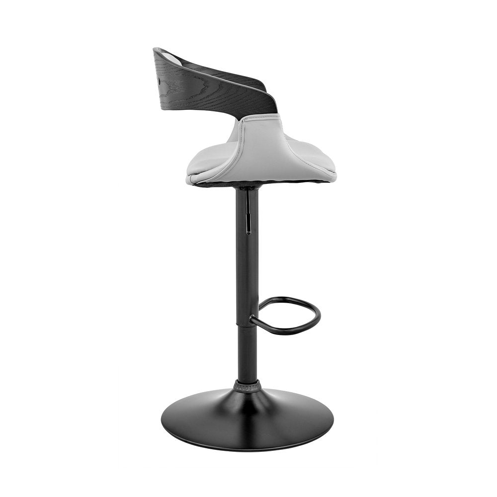 Gray And Black Fabric And Faux Leather And Iron Low Back Adjustable Height Swivel Bar Chair