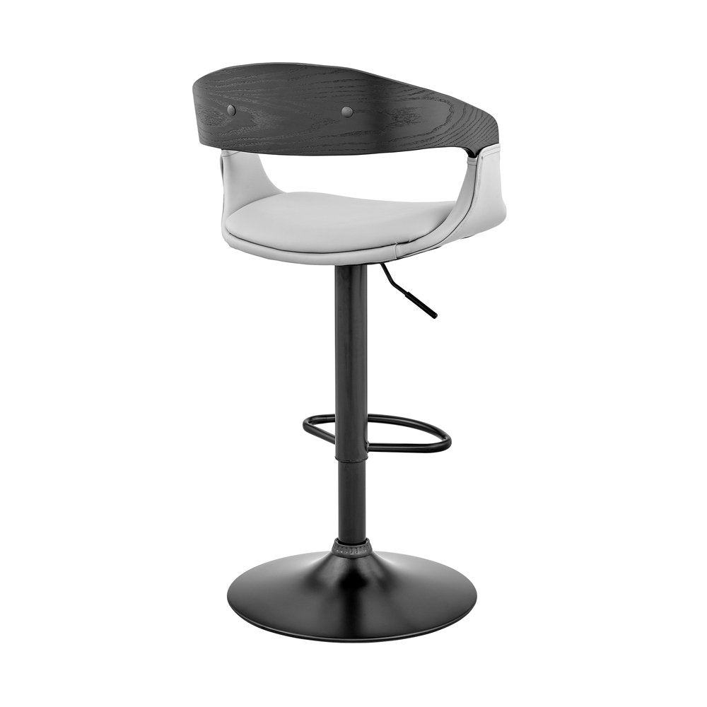 Gray And Black Fabric And Faux Leather And Iron Low Back Adjustable Height Swivel Bar Chair
