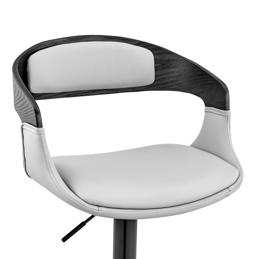 Gray And Black Fabric And Faux Leather And Iron Low Back Adjustable Height Swivel Bar Chair