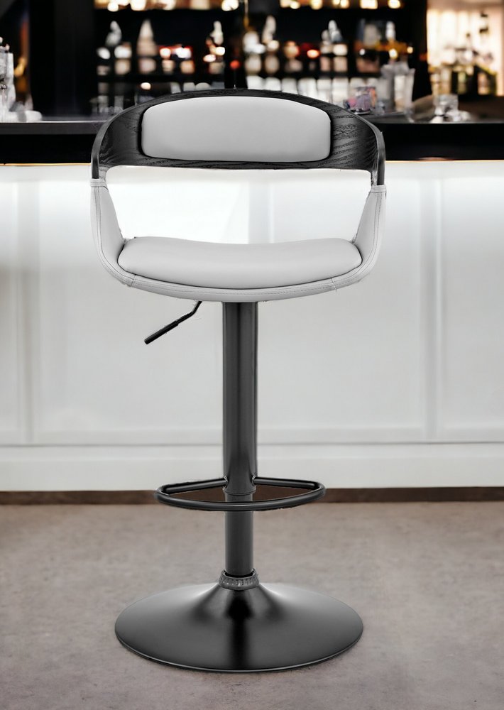Gray And Black Fabric And Faux Leather And Iron Low Back Adjustable Height Swivel Bar Chair