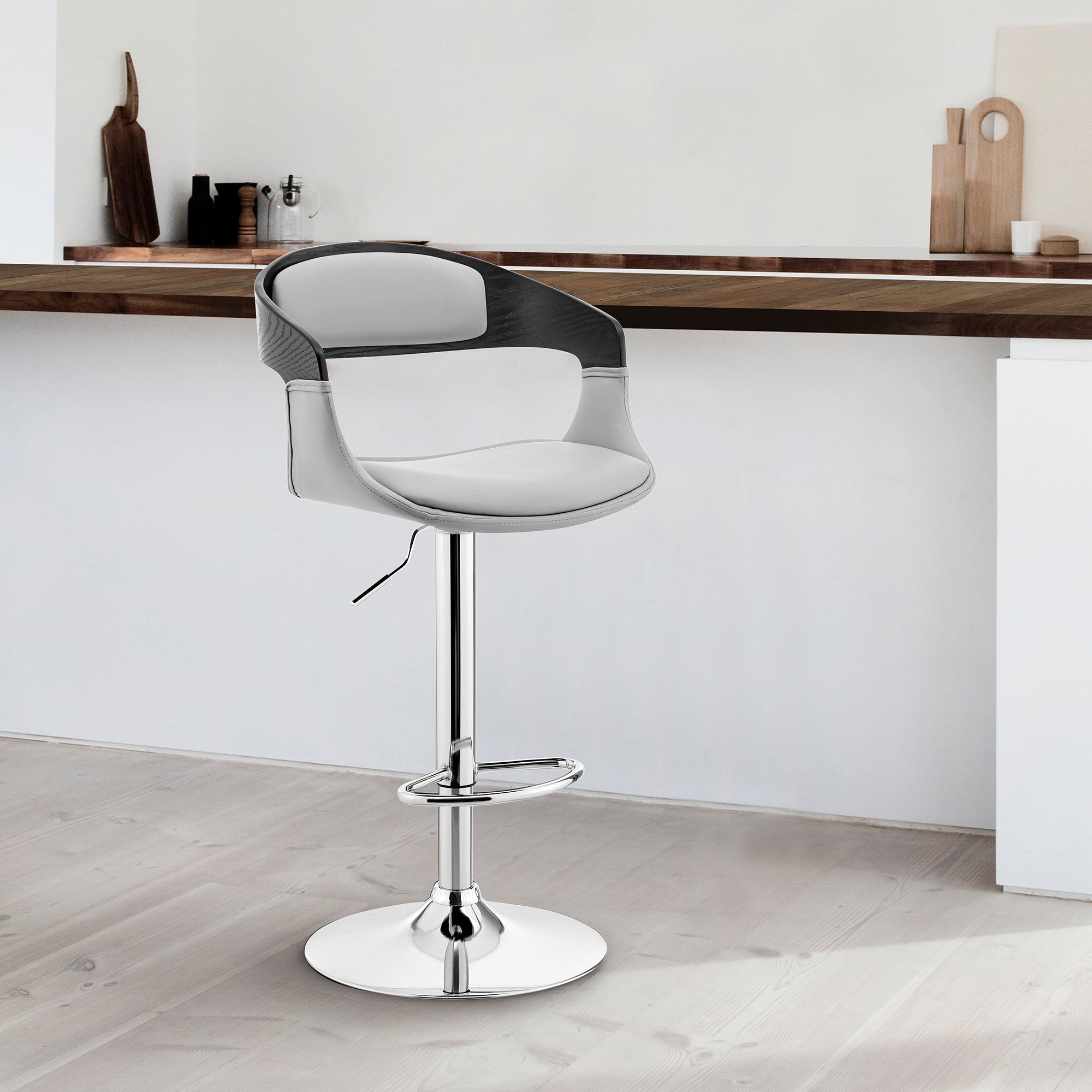 Gray And Silver Fabric And Iron Low Back Adjustable Height Swivel Bar Chair