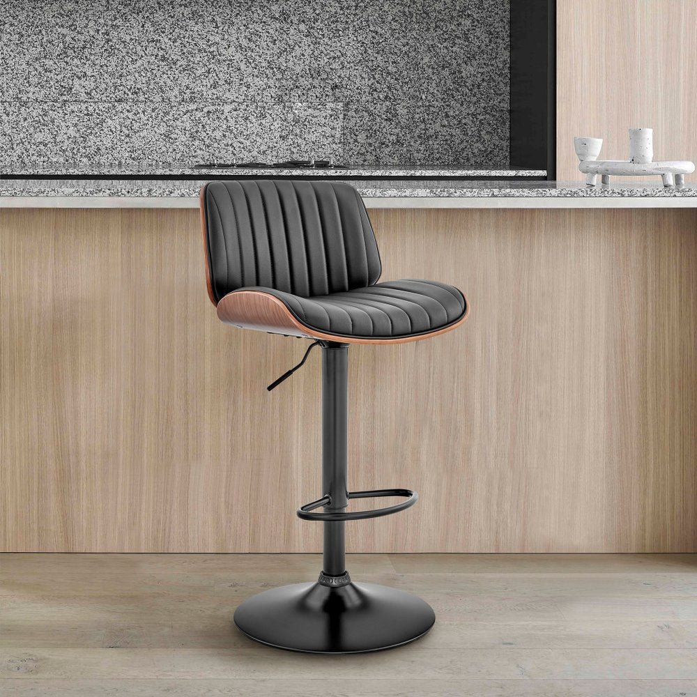 Dark Gray Brown And Black Iron and Faux Leather Adjustable Height Swivel Bar Chair