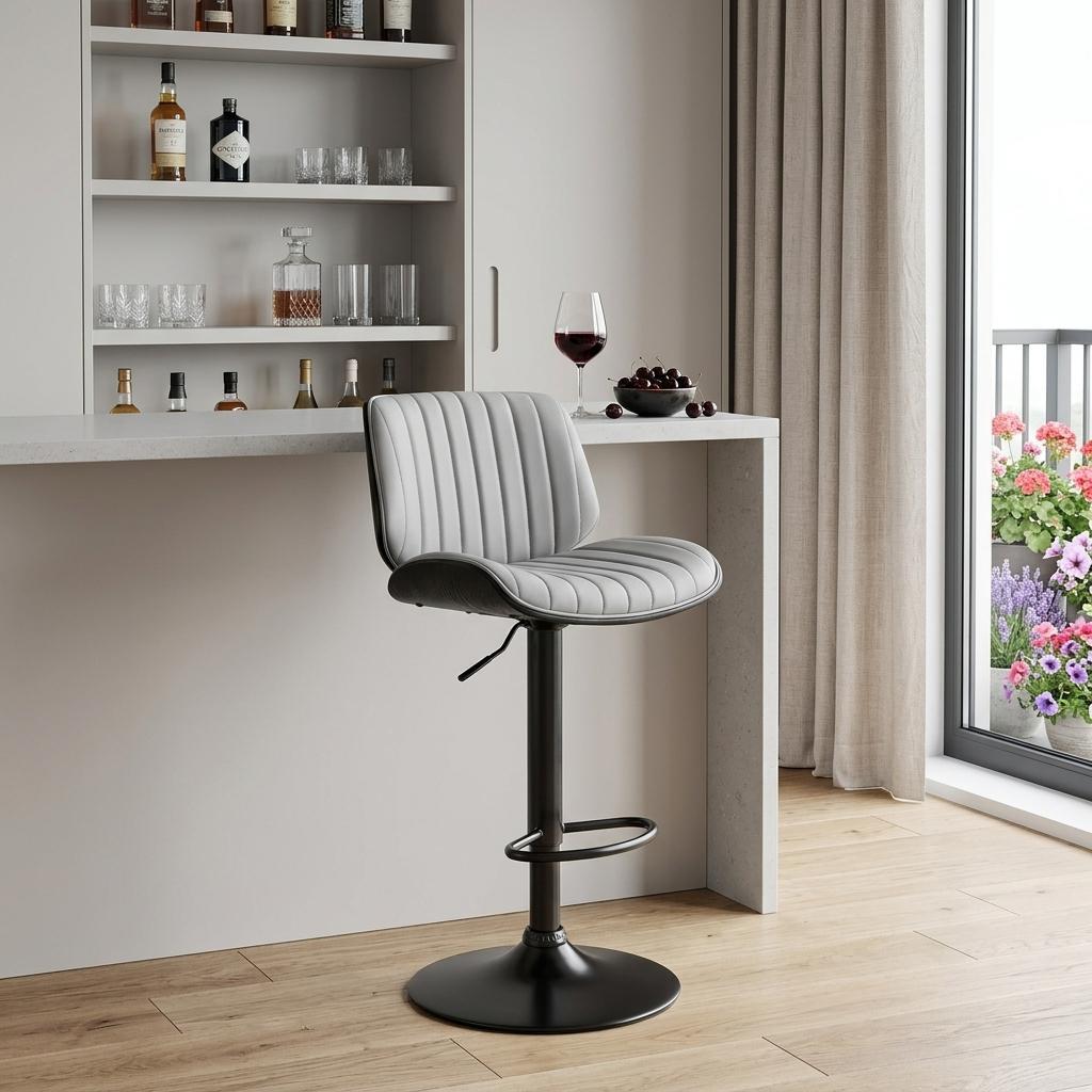 Gray And Black Fabric And Iron Adjustable Height Swivel Bar Chair
