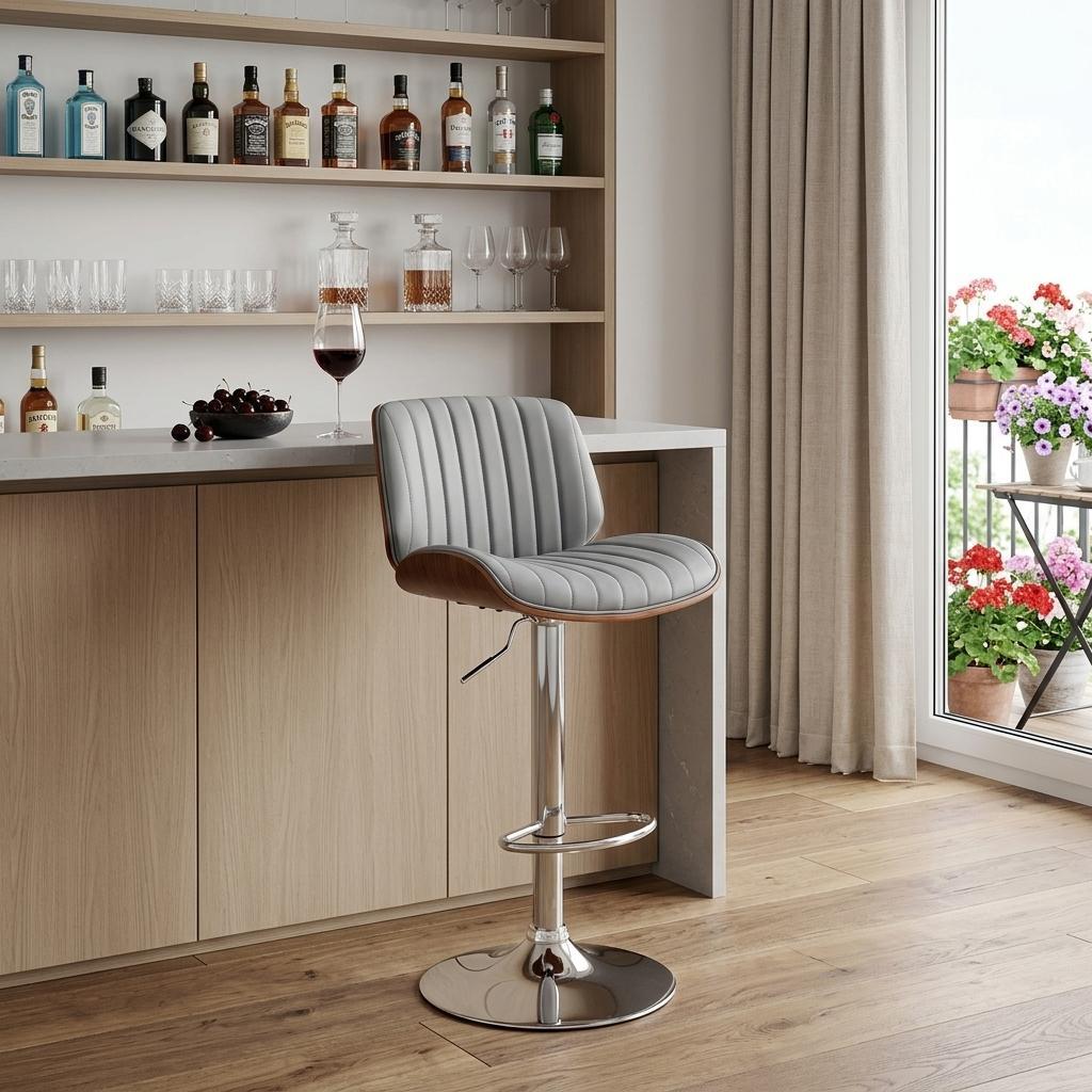 Gray And Silver Fabric And Iron Adjustable Height Swivel Bar Chair