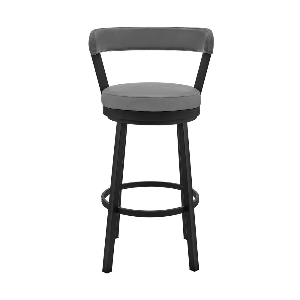 30" Gray And Black Fabric And Iron Bar Height Swivel Bar Chair