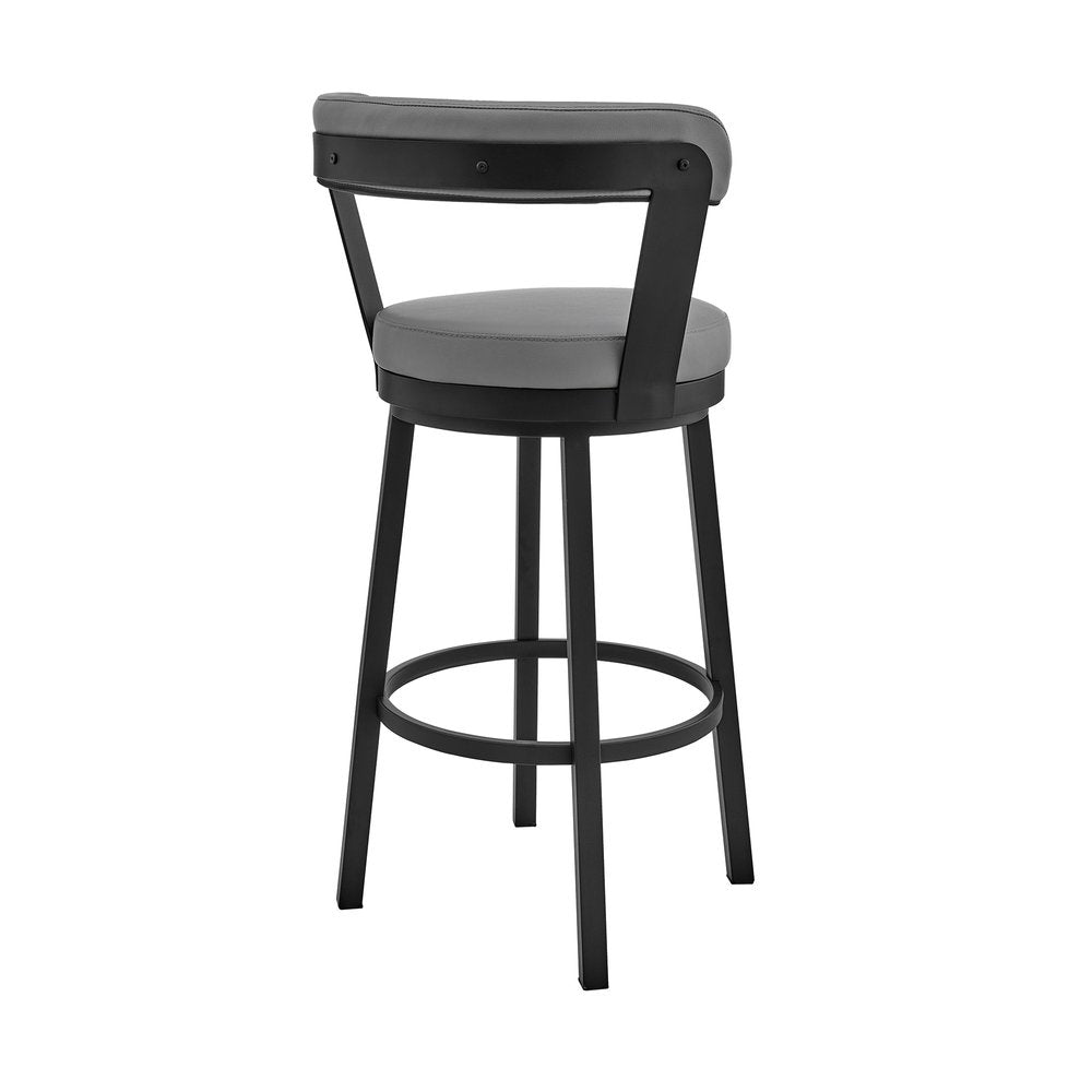 30" Gray And Black Fabric And Iron Bar Height Swivel Bar Chair