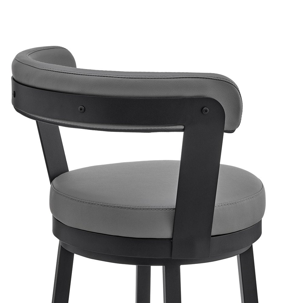30" Gray And Black Fabric And Iron Bar Height Swivel Bar Chair