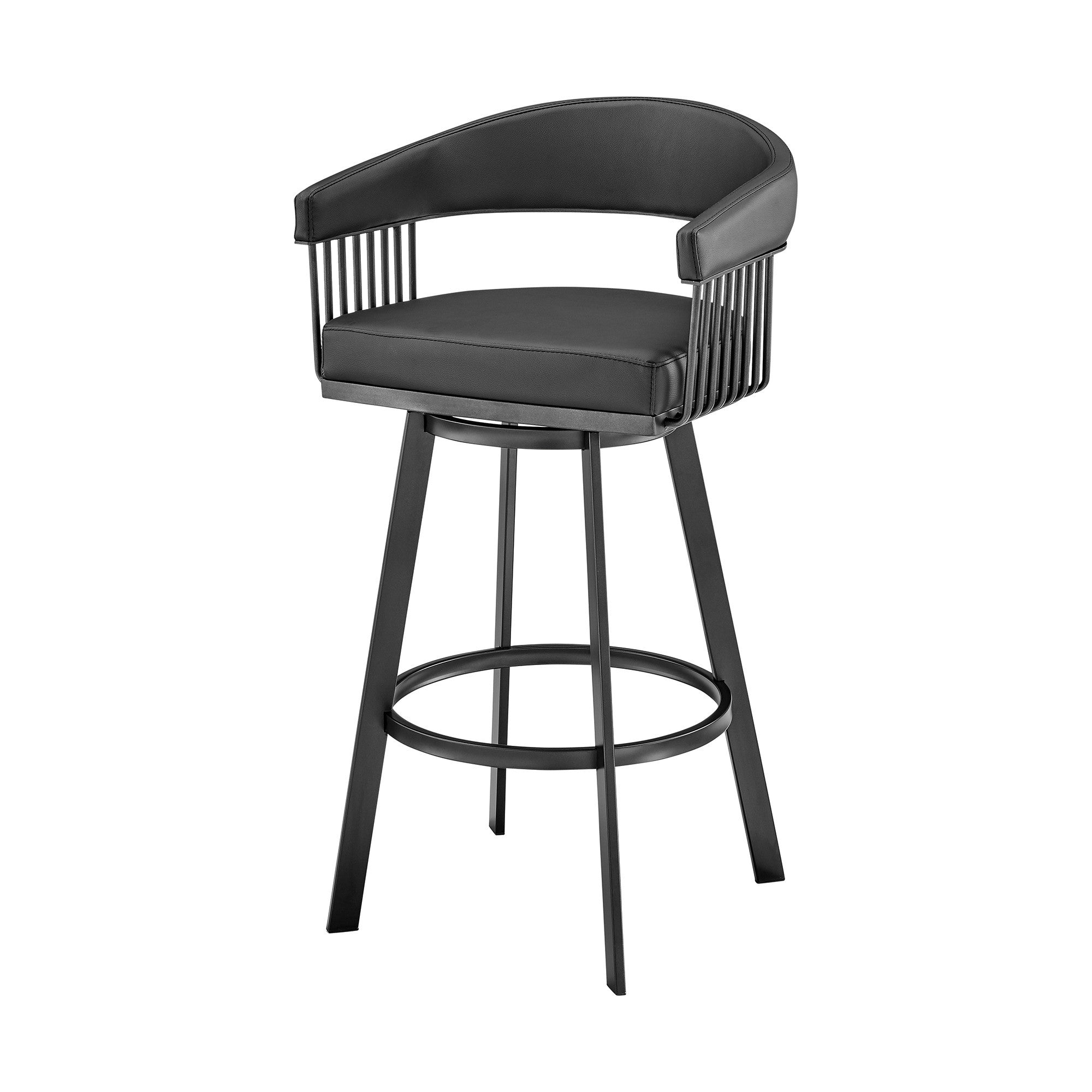 26" Black Faux Leather And Iron Low Back Counter Height Swivel Bar Chair