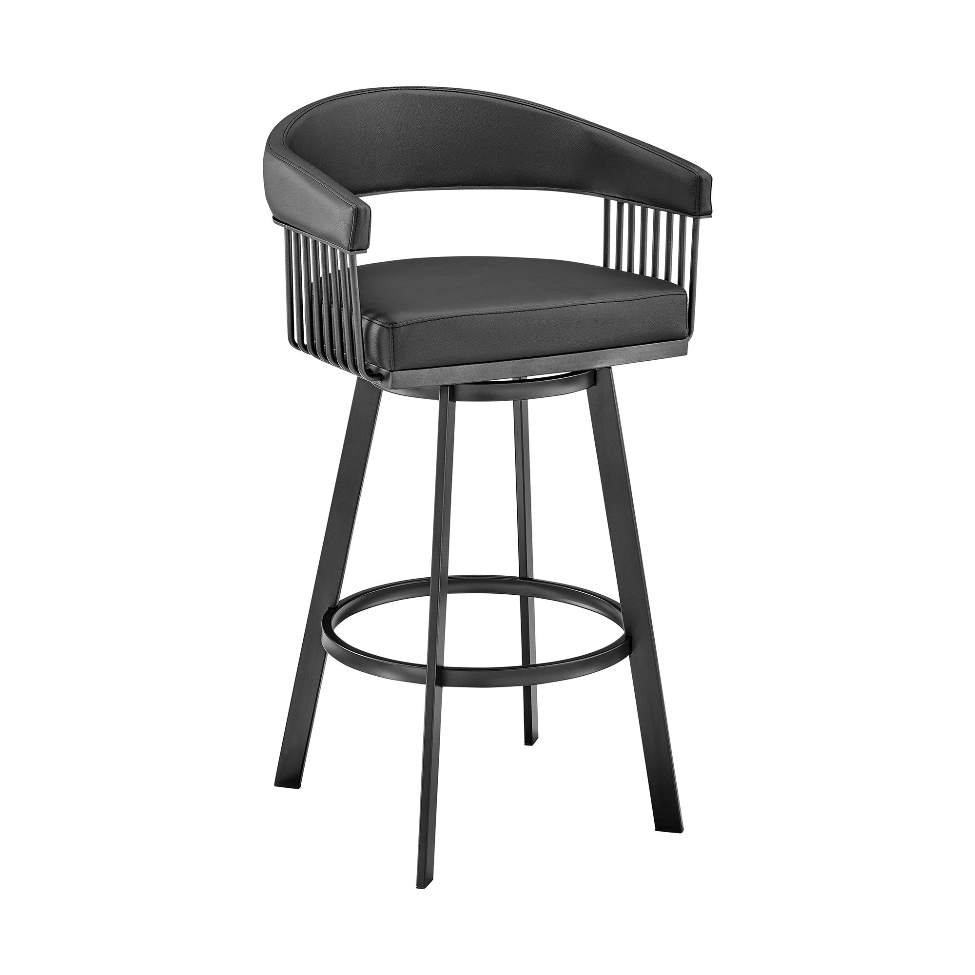 29" Black Fabric And Iron Low Back Bar Height Swivel Bar Chair