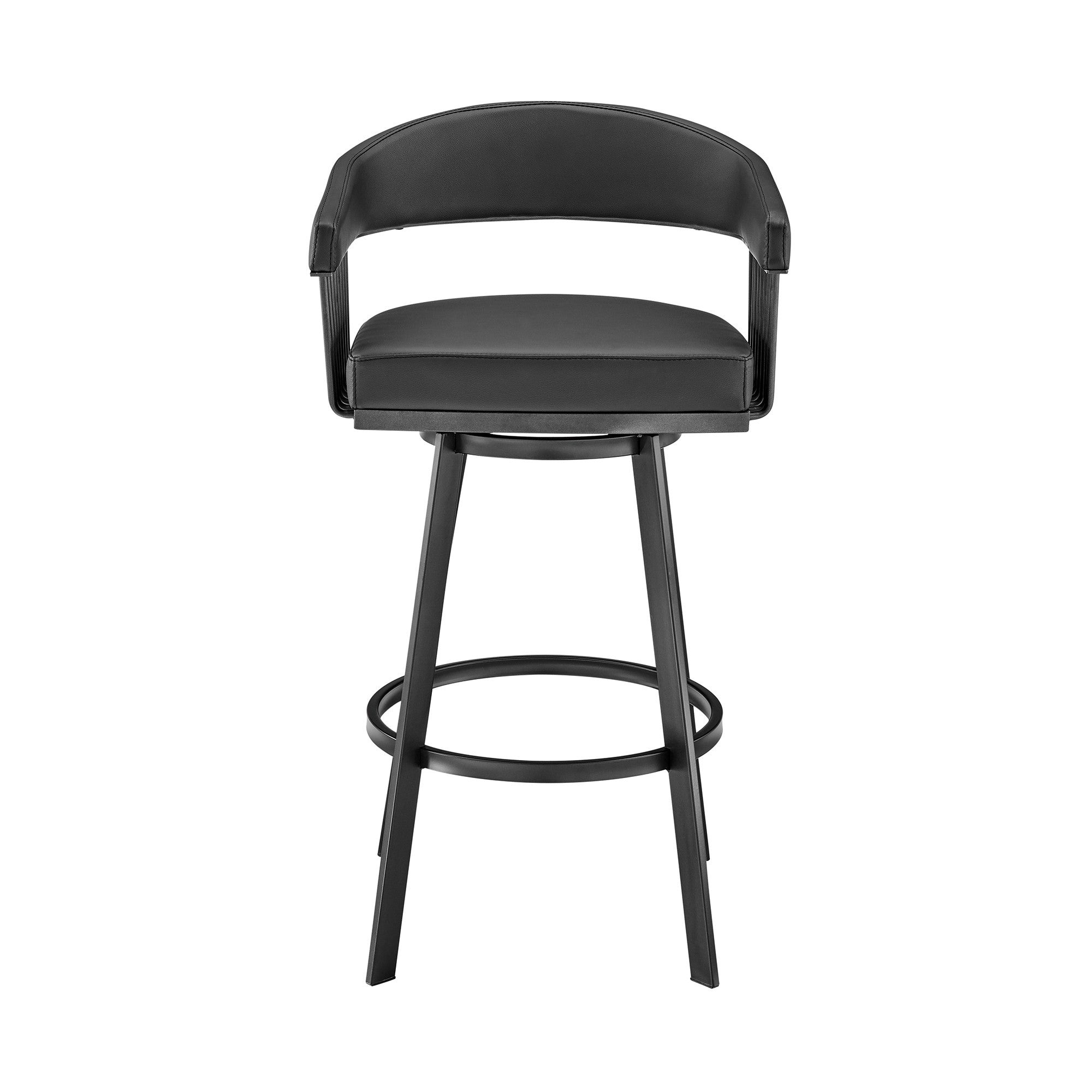 29" Black Fabric And Iron Low Back Bar Height Swivel Bar Chair