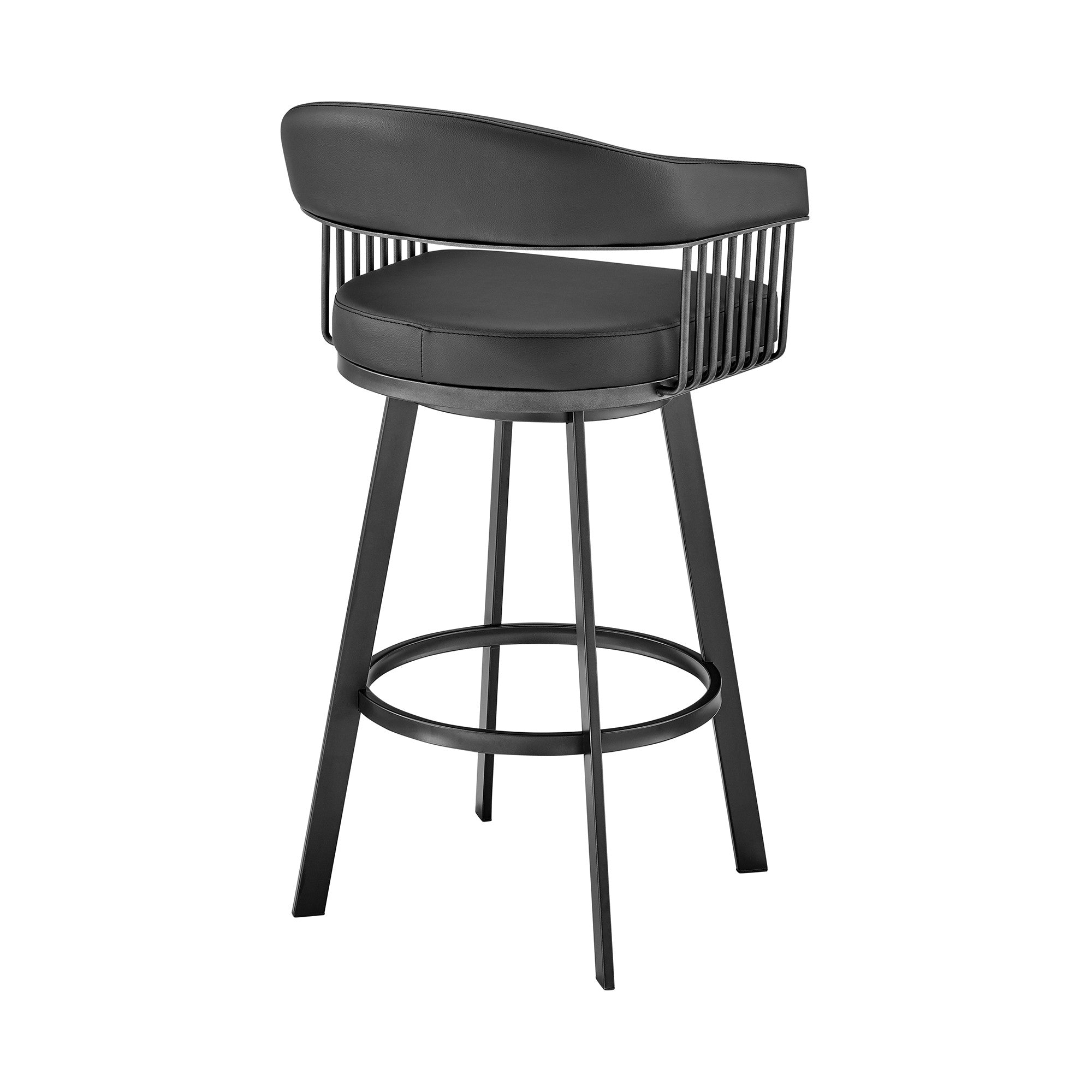 29" Black Fabric And Iron Low Back Bar Height Swivel Bar Chair