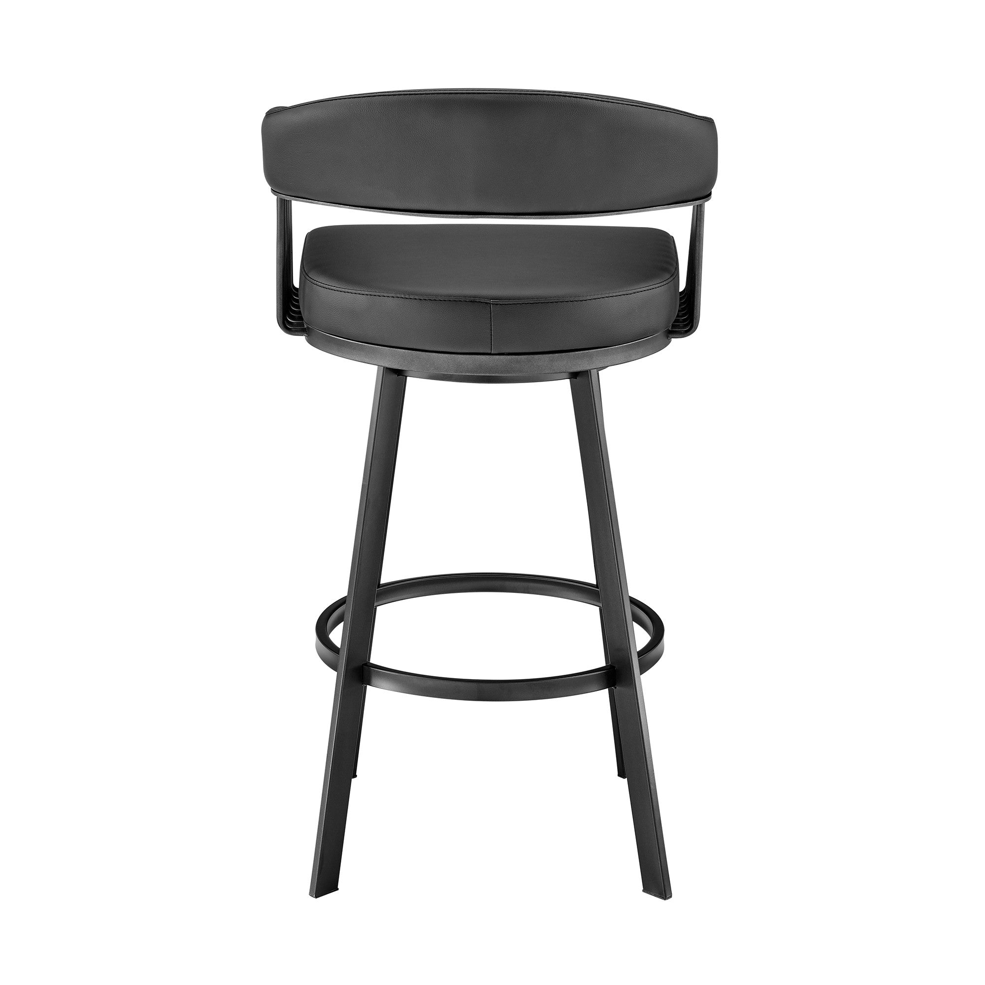 29" Black Fabric And Iron Low Back Bar Height Swivel Bar Chair