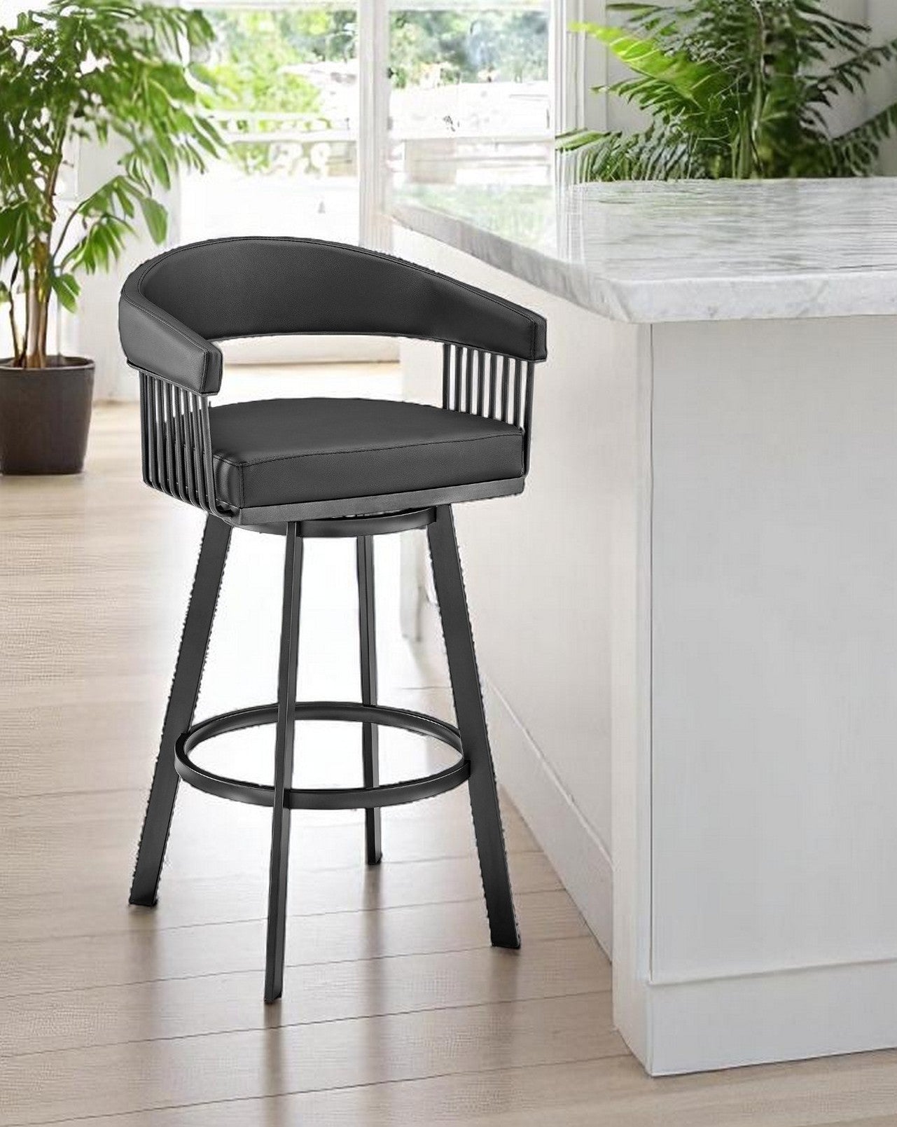 29" Black Fabric And Iron Low Back Bar Height Swivel Bar Chair