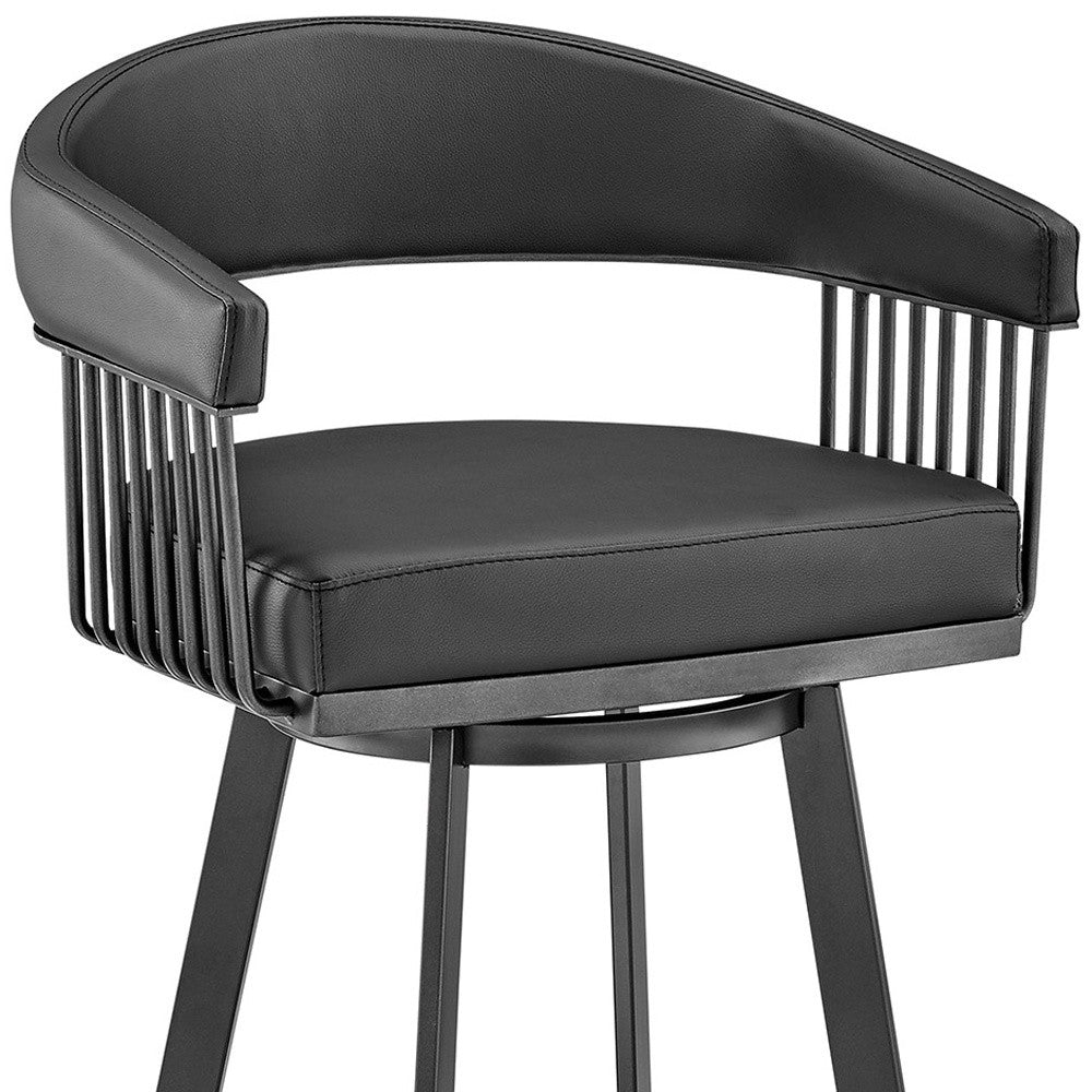 29" Black Fabric And Iron Low Back Bar Height Swivel Bar Chair