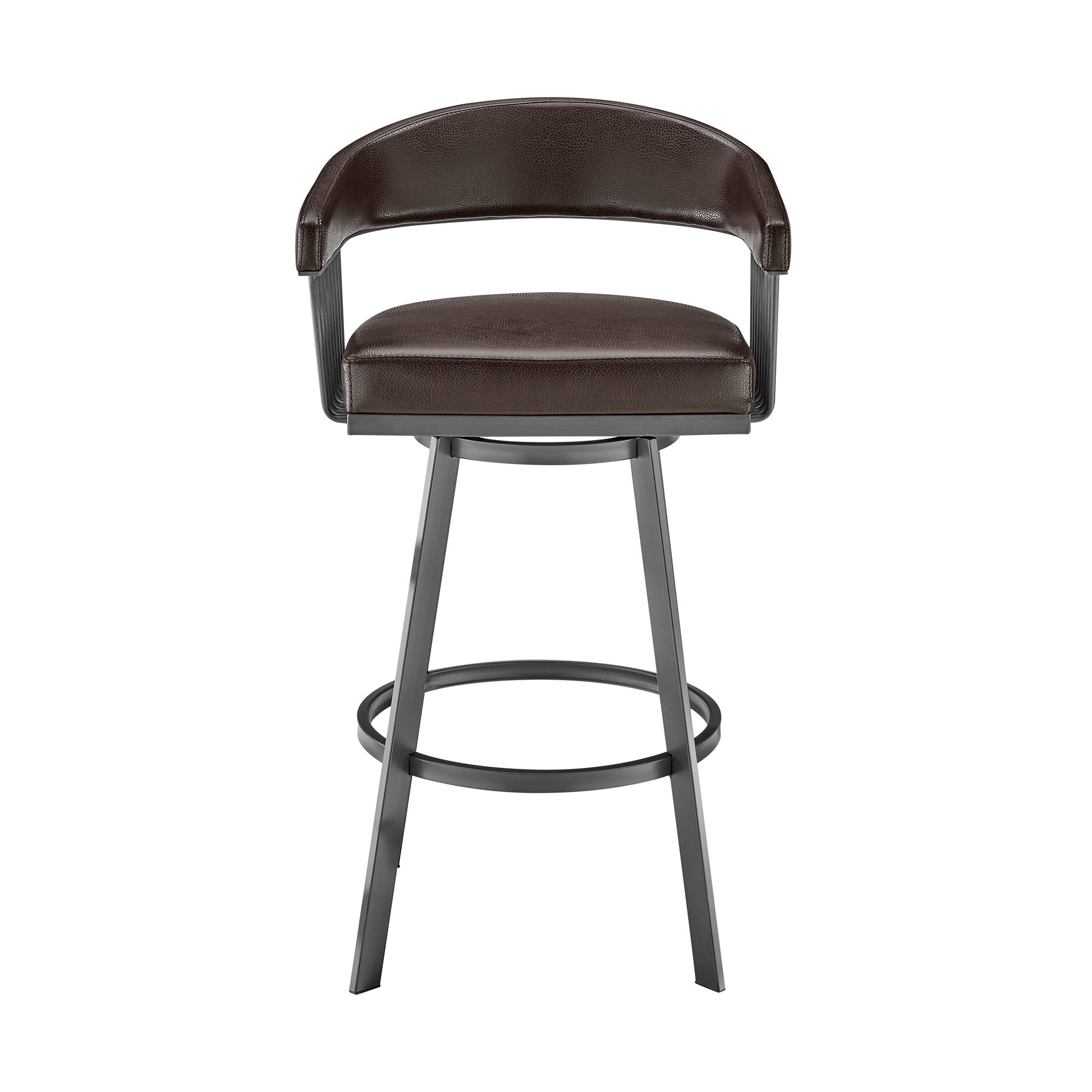 25" Chocolate And Gray Fabric And Faux Leather And Iron Low Back Counter Height Swivel Bar Chair