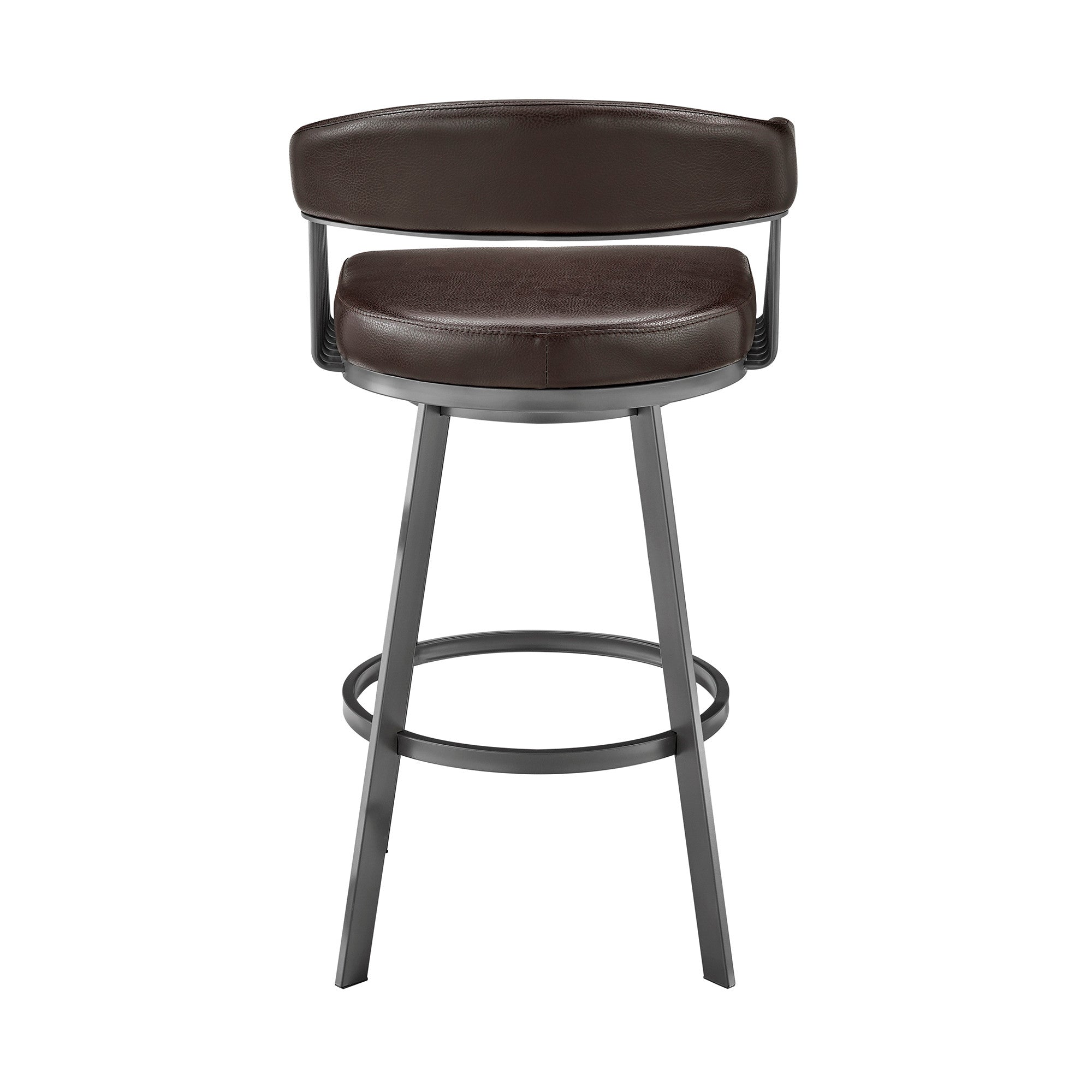 25" Chocolate And Gray Fabric And Faux Leather And Iron Low Back Counter Height Swivel Bar Chair