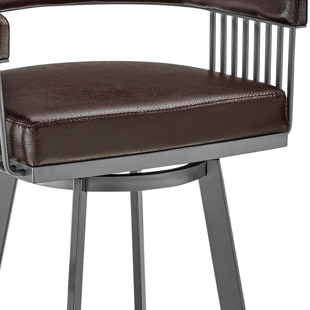 25" Chocolate And Gray Fabric And Faux Leather And Iron Low Back Counter Height Swivel Bar Chair