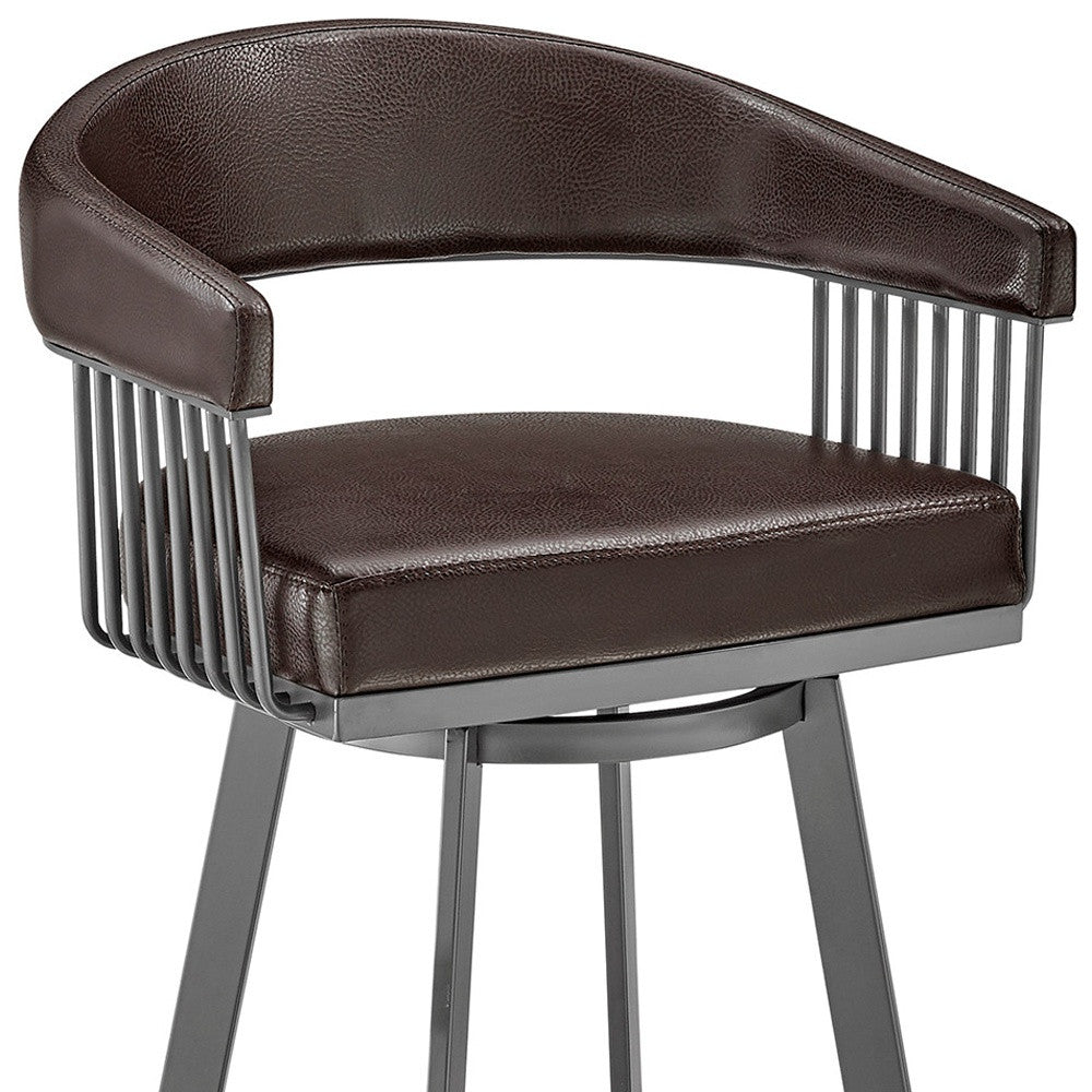 25" Chocolate And Gray Fabric And Faux Leather And Iron Low Back Counter Height Swivel Bar Chair
