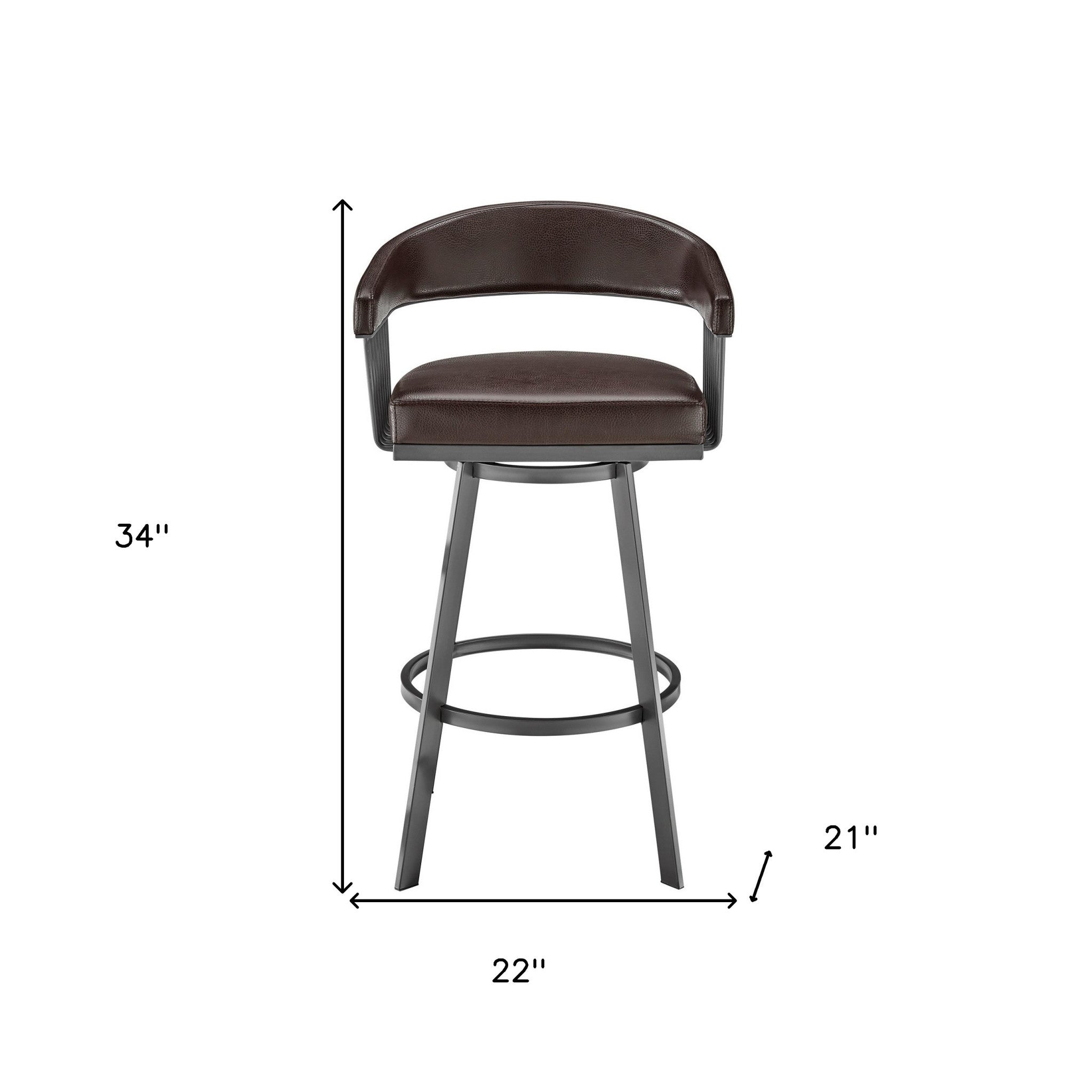 25" Chocolate And Gray Fabric And Faux Leather And Iron Low Back Counter Height Swivel Bar Chair