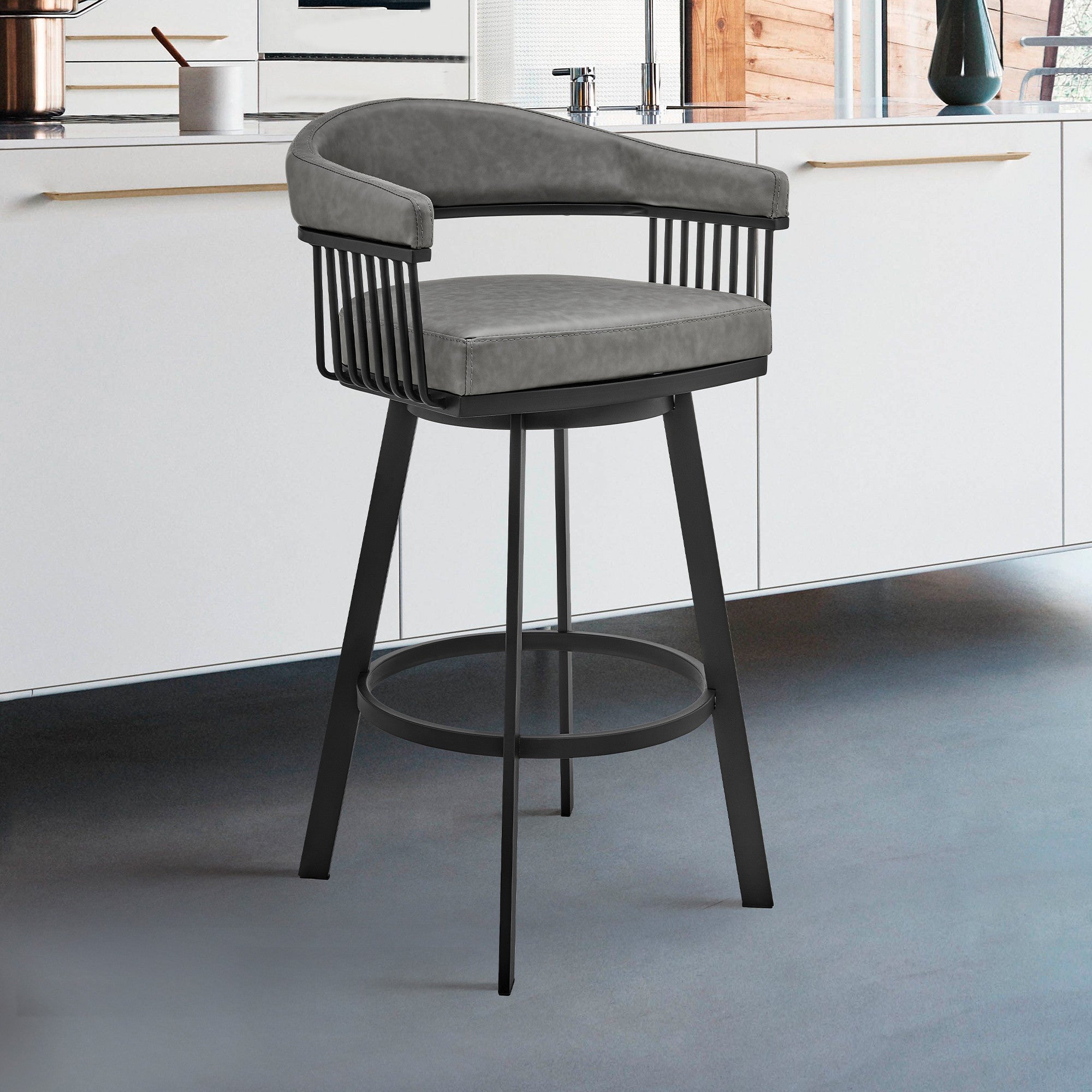 25" Gray And Black Fabric And Iron Low Back Counter Height Swivel Bar Chair