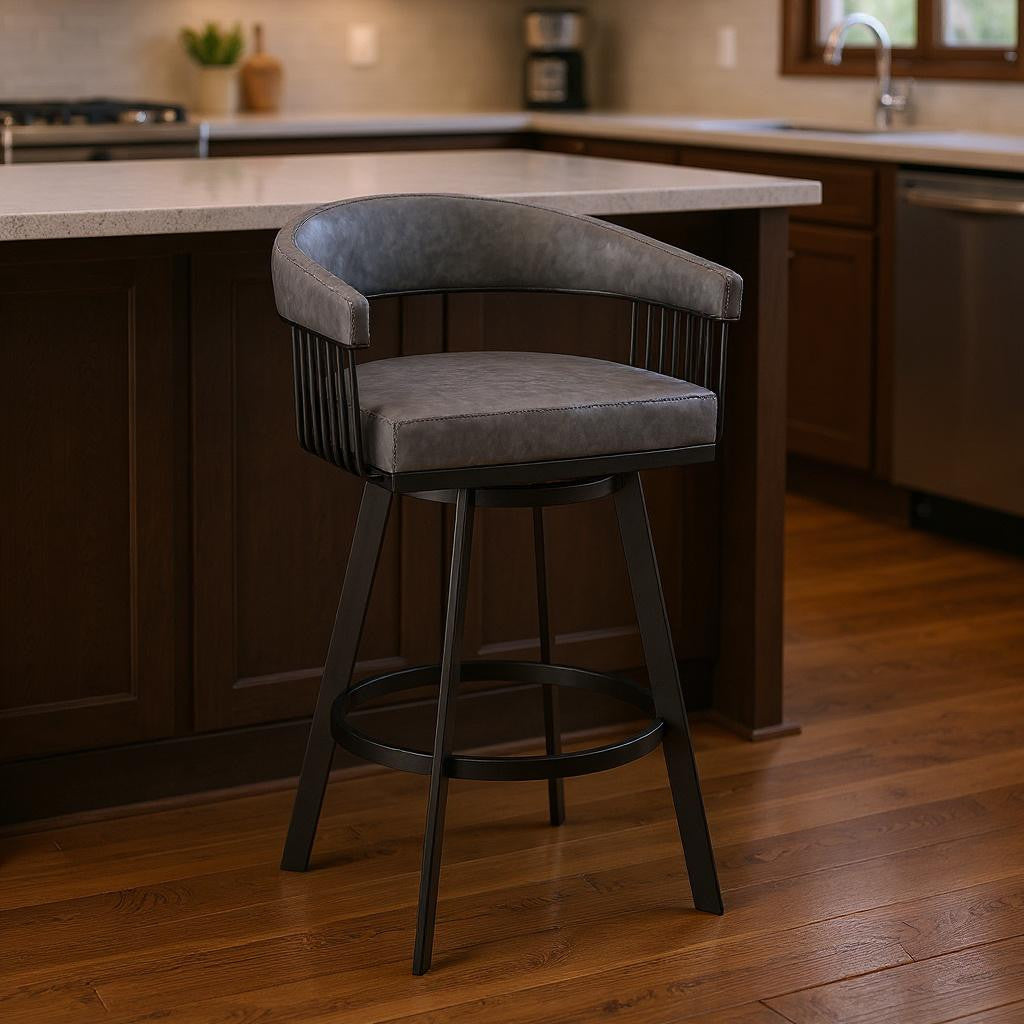 25" Gray And Black Fabric And Iron Low Back Counter Height Swivel Bar Chair