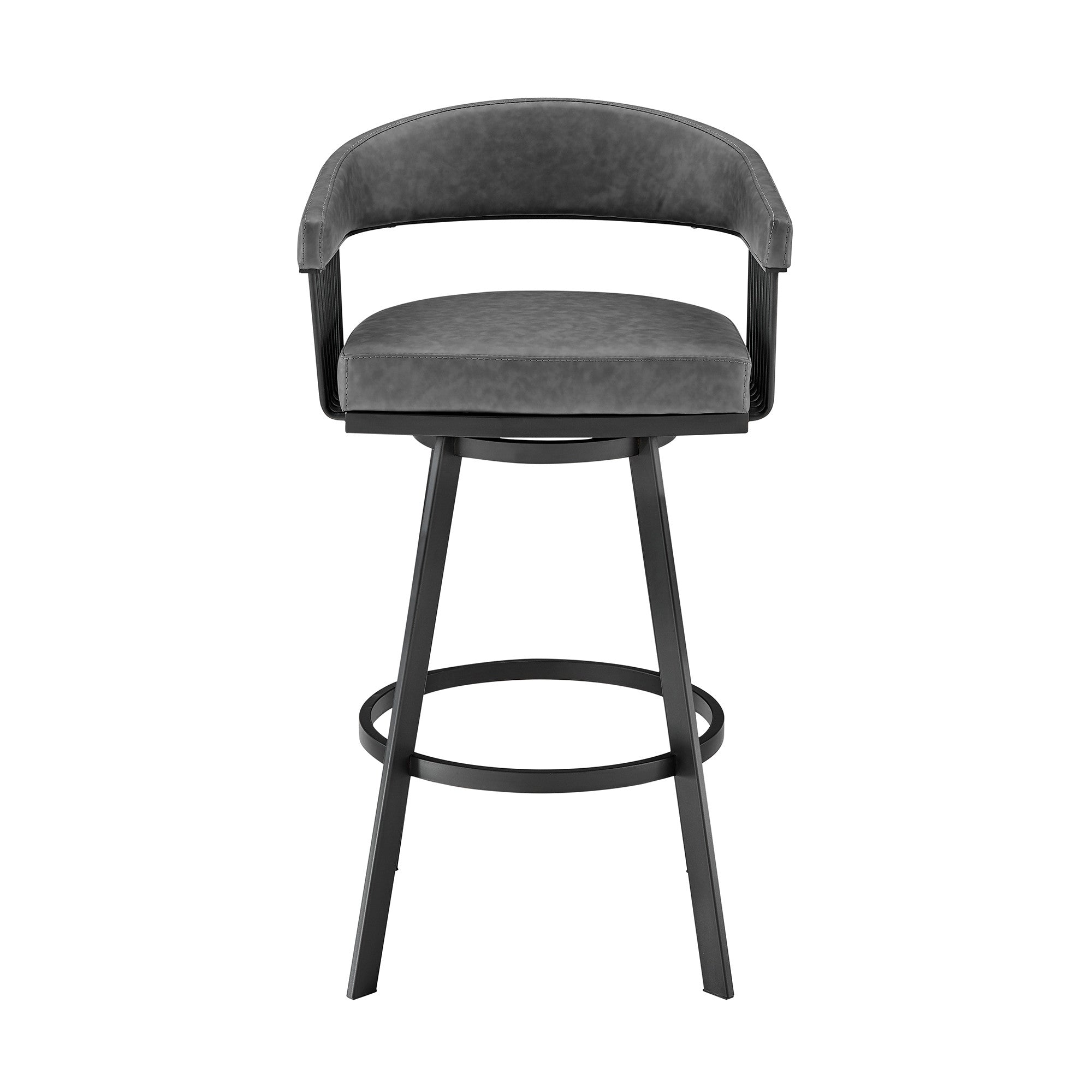 29" Gray And Black Fabric And Iron Low Back Bar Height Swivel Bar Chair