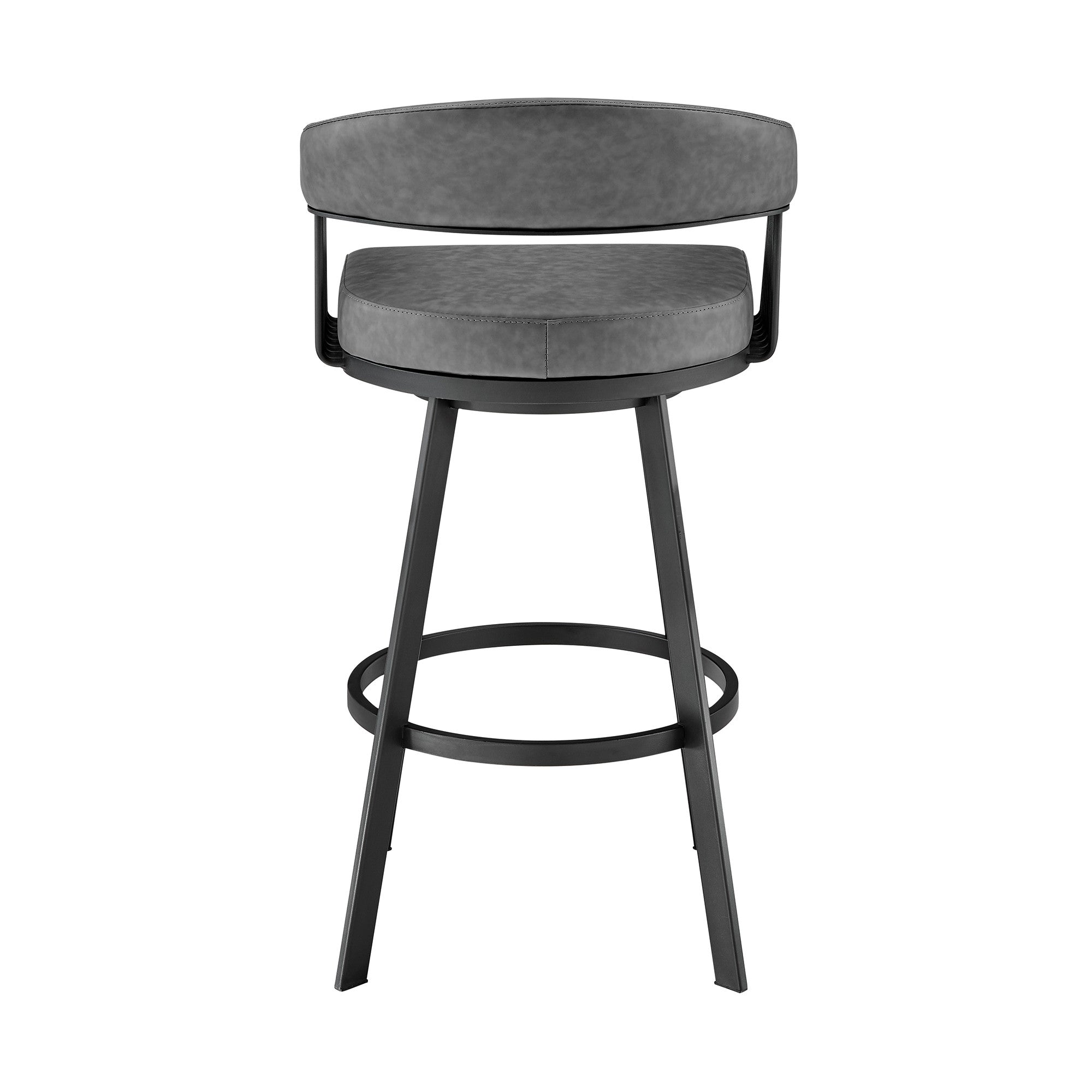 29" Gray And Black Fabric And Iron Low Back Bar Height Swivel Bar Chair