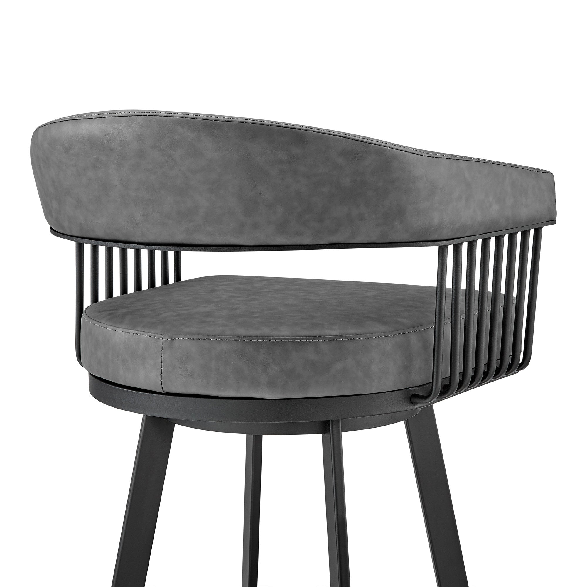 29" Gray And Black Fabric And Iron Low Back Bar Height Swivel Bar Chair