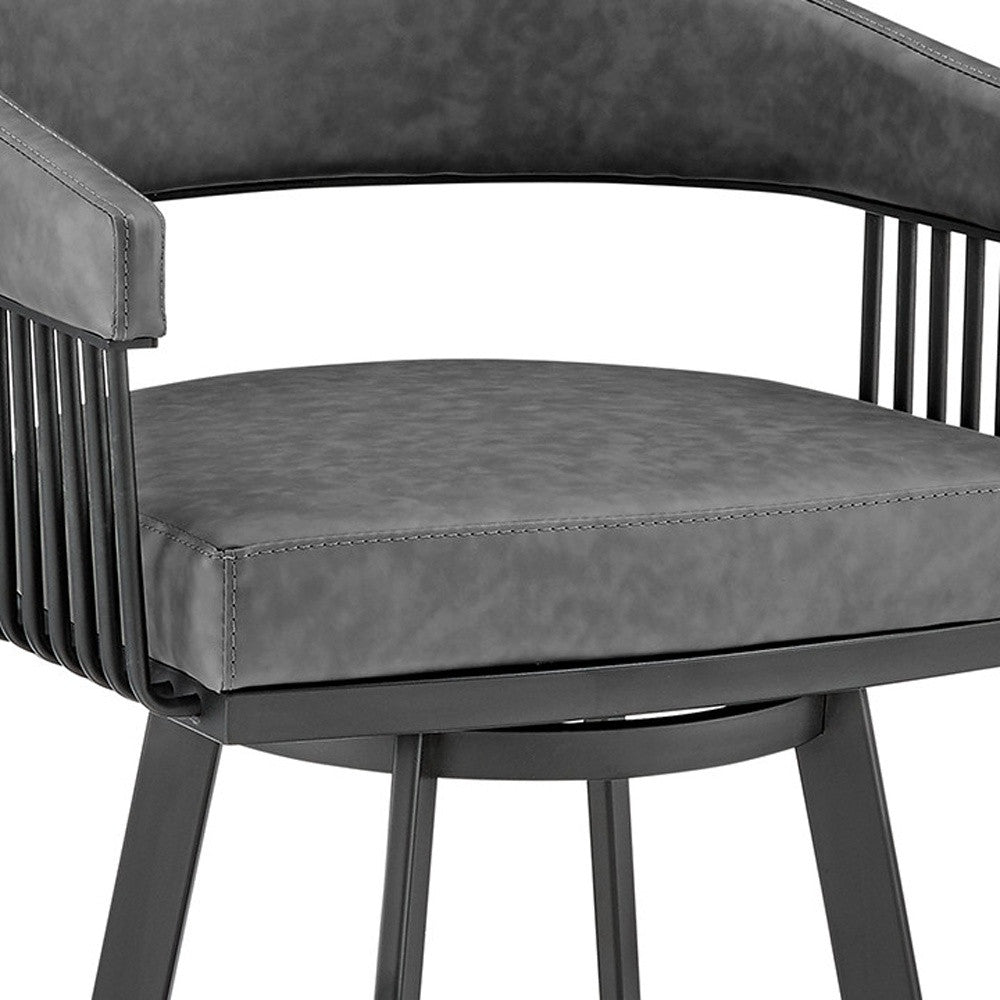 29" Gray And Black Fabric And Iron Low Back Bar Height Swivel Bar Chair