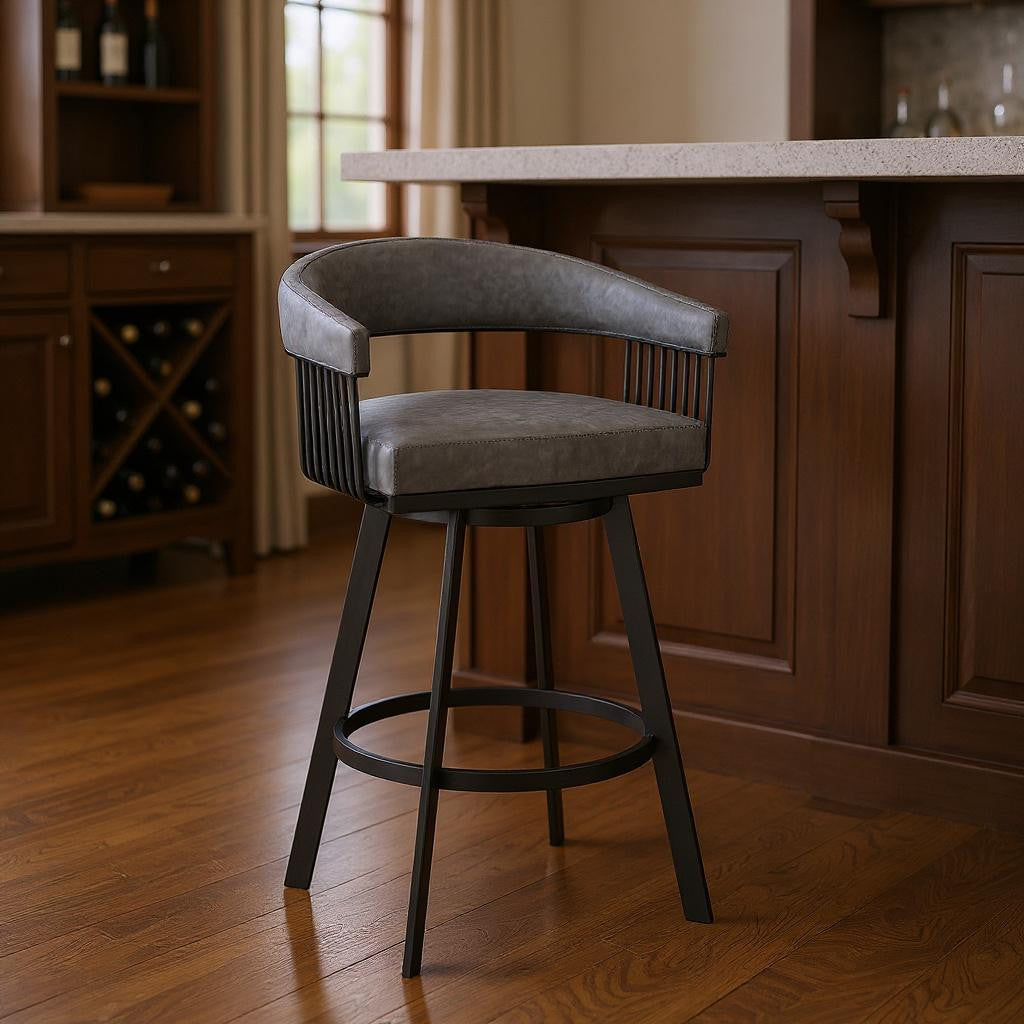 29" Gray And Black Fabric And Iron Low Back Bar Height Swivel Bar Chair