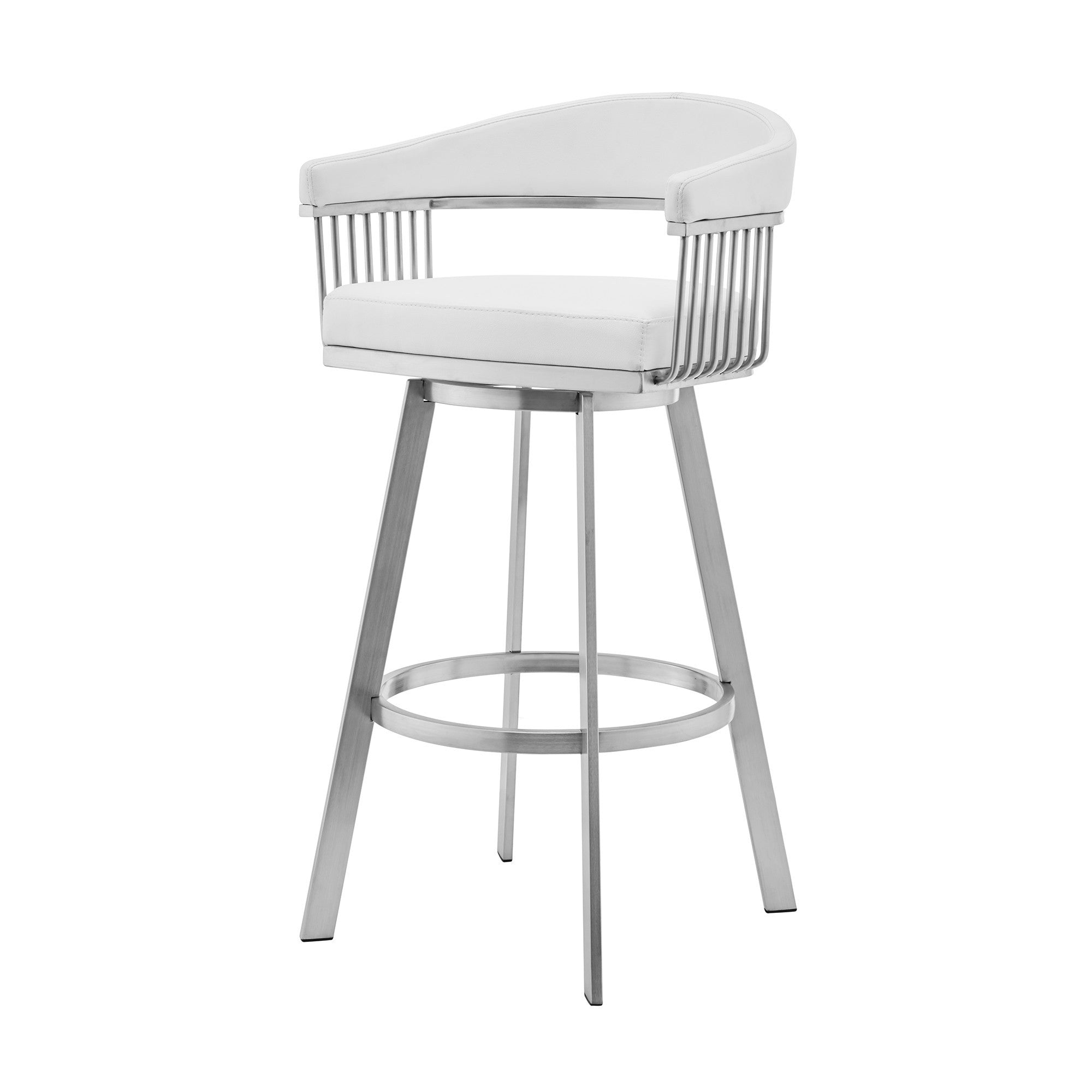 25" White And Silver Fabric And Iron Low Back Counter Height Swivel Bar Chair