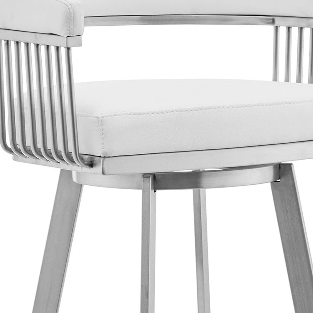 25" White And Silver Fabric And Iron Low Back Counter Height Swivel Bar Chair