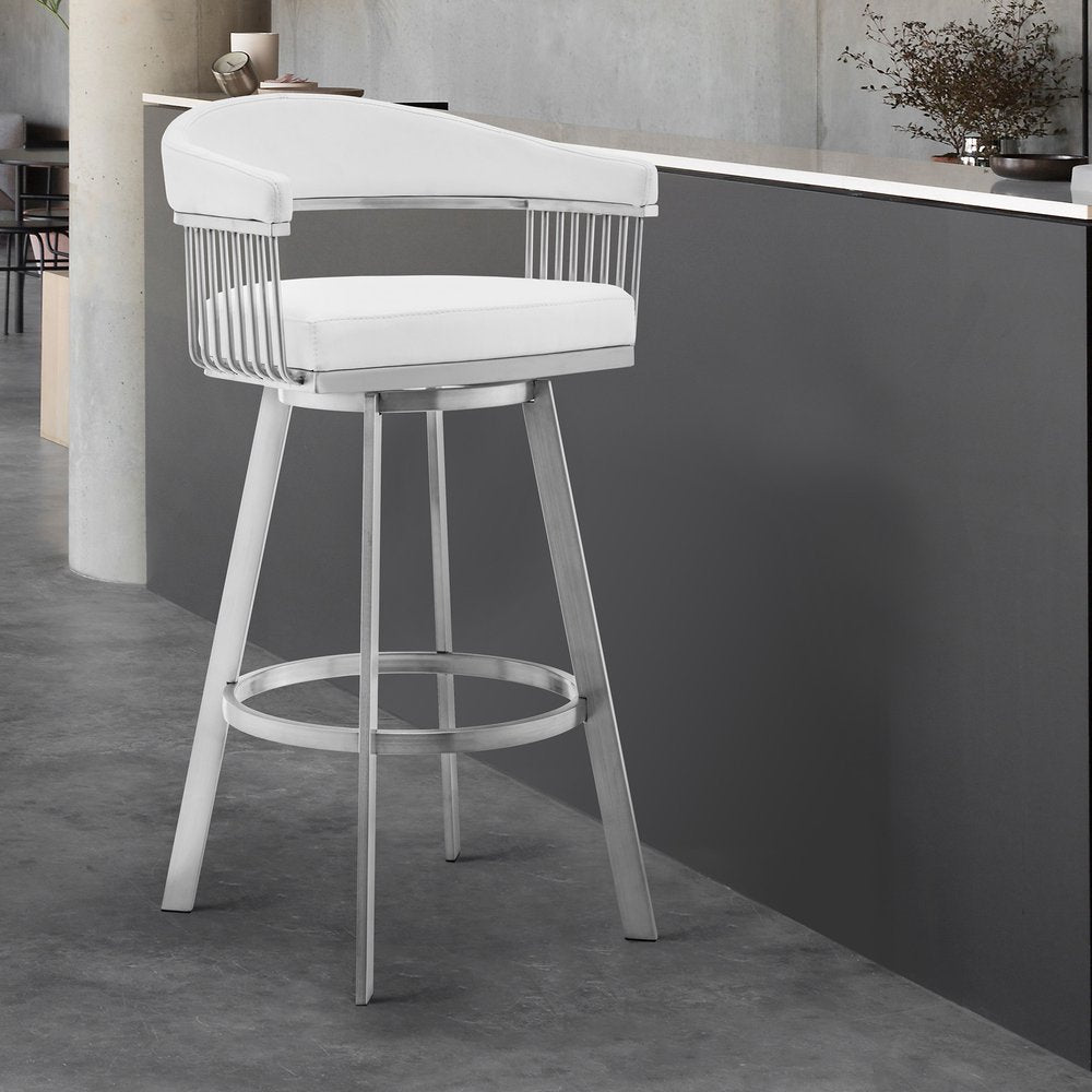 29" White And Silver Fabric And Iron Low Back Bar Height Swivel Bar Chair
