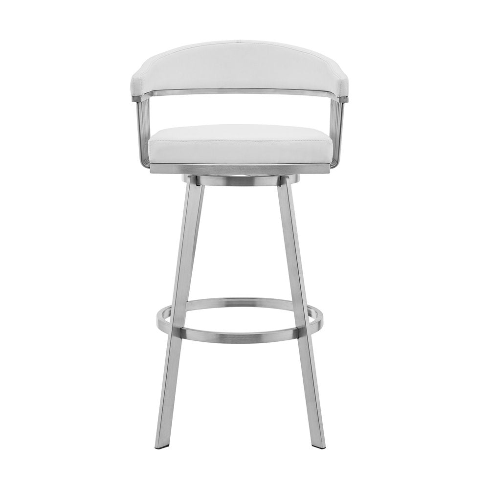 29" White And Silver Fabric And Iron Low Back Bar Height Swivel Bar Chair