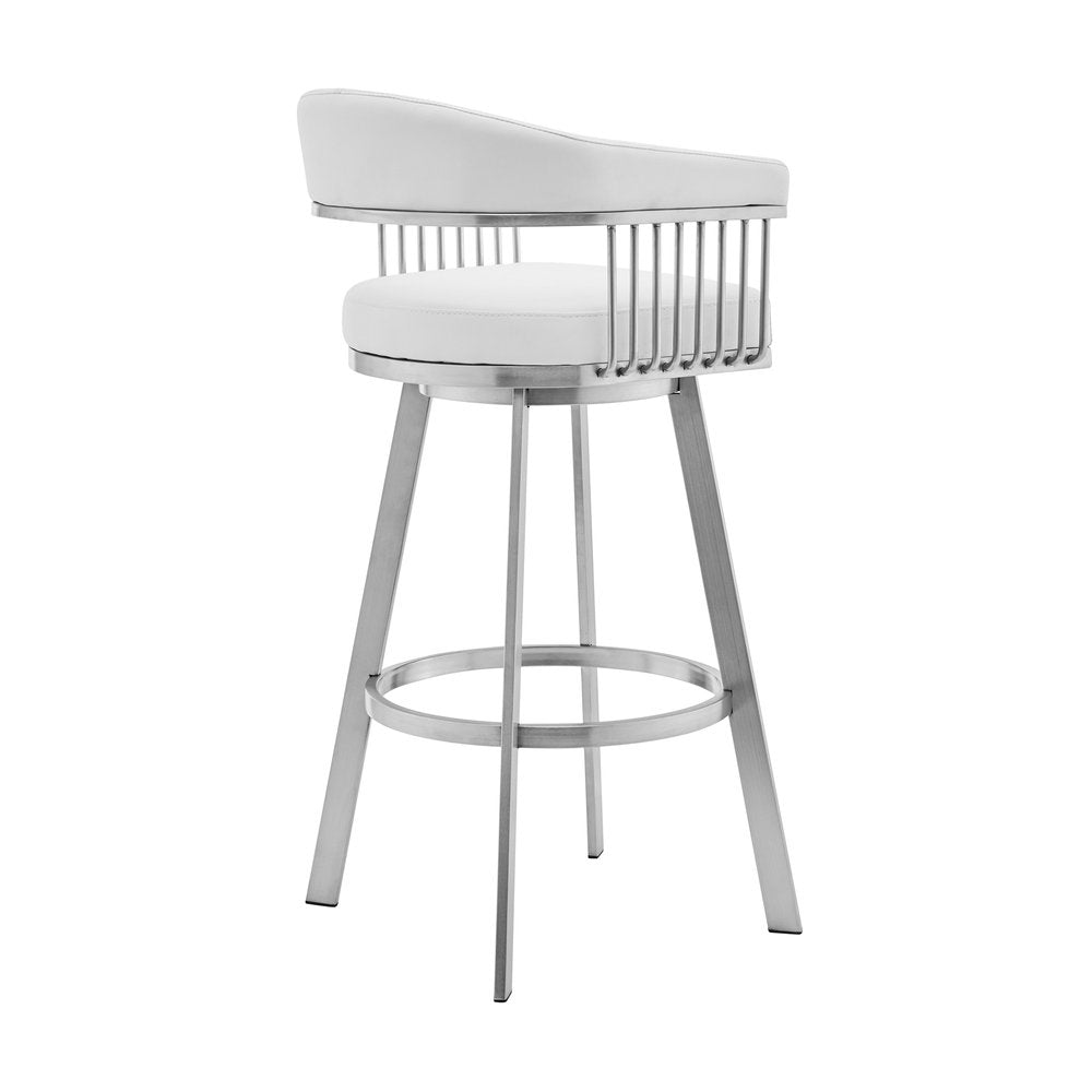 29" White And Silver Fabric And Iron Low Back Bar Height Swivel Bar Chair