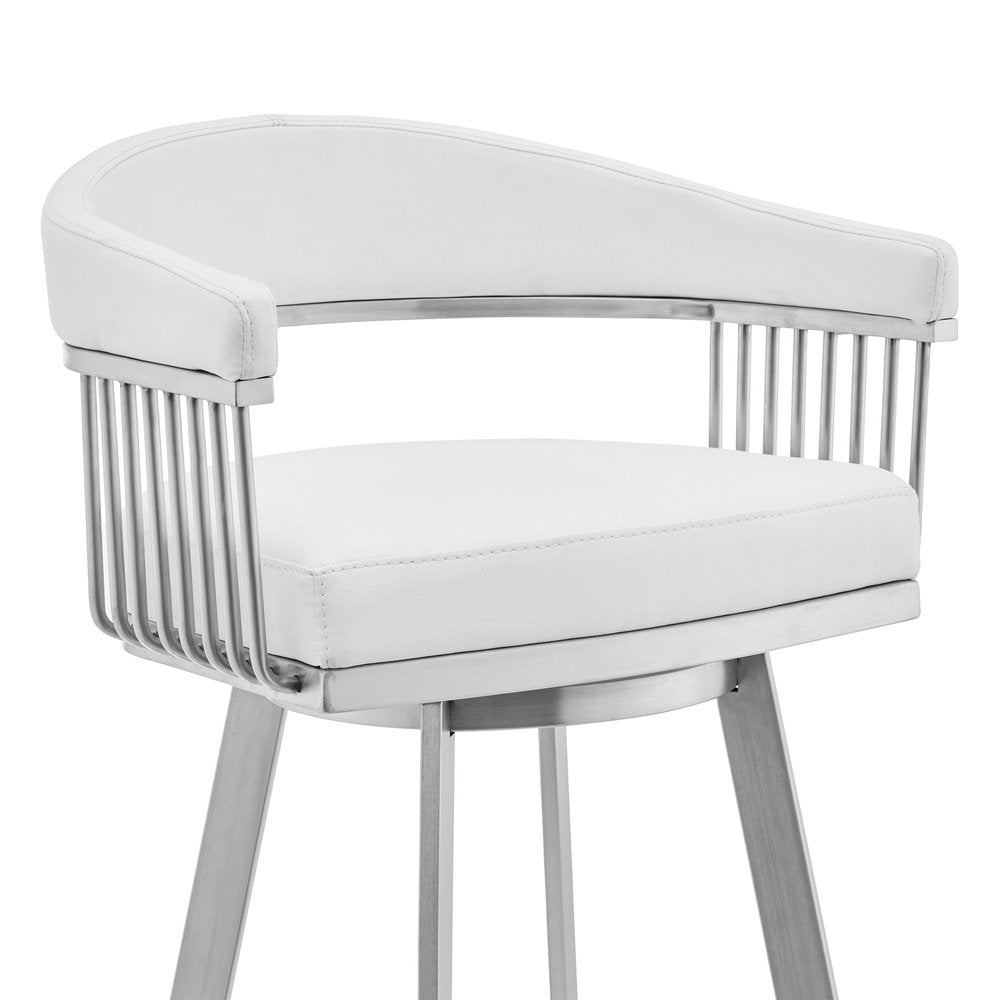 29" White And Silver Fabric And Iron Low Back Bar Height Swivel Bar Chair