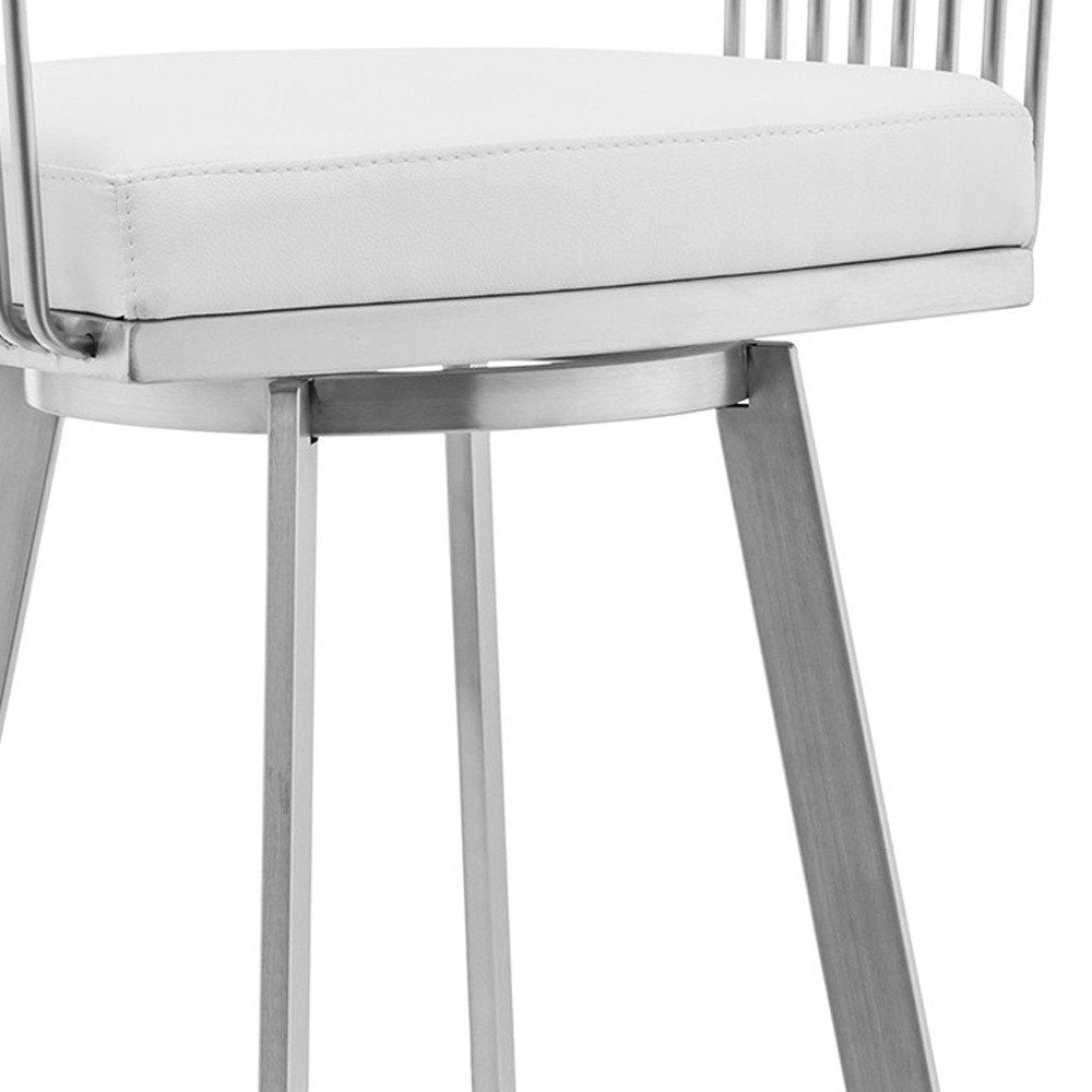 29" White And Silver Fabric And Iron Low Back Bar Height Swivel Bar Chair